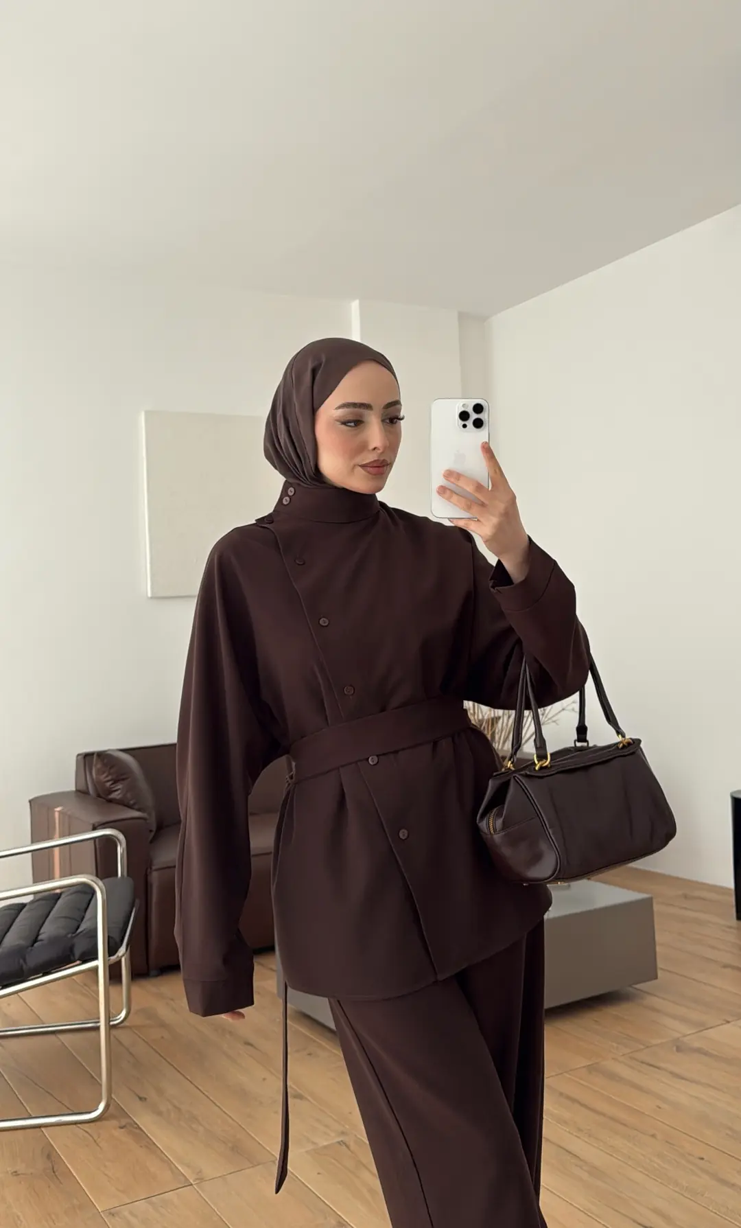 Düğme Detay Kemerli Takım Kahve