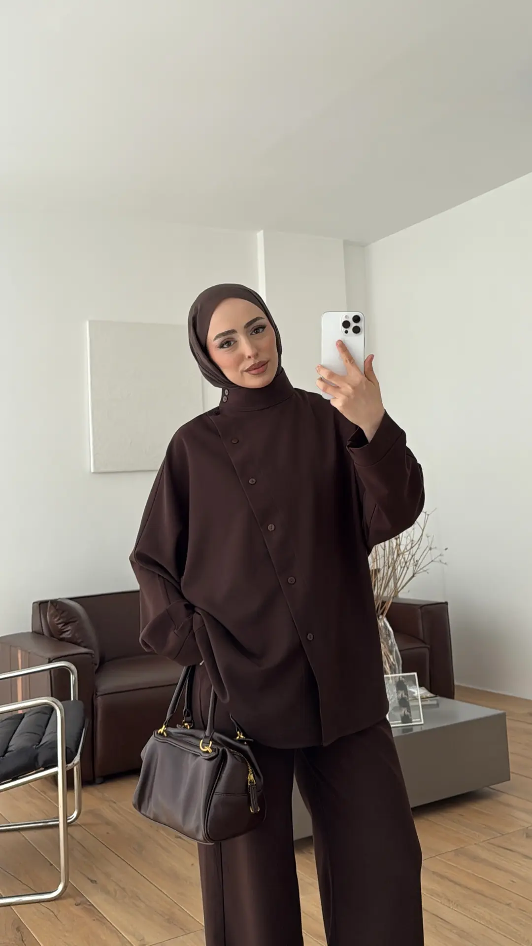 Düğme Detay Kemerli Takım Kahve
