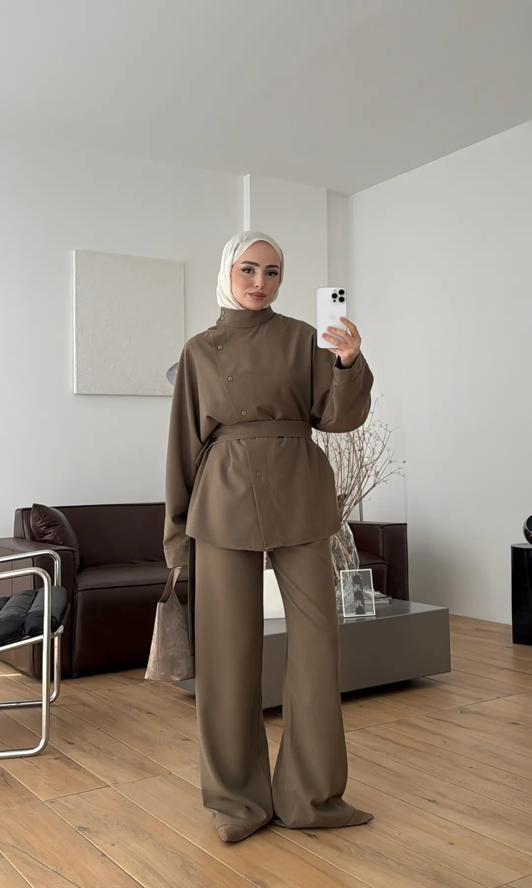 Düğme Detay Kemerli Takım Haki