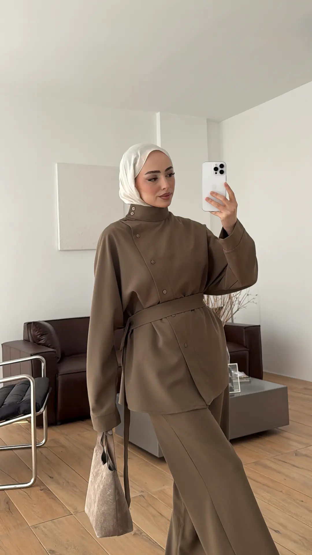 Düğme Detay Kemerli Takım Haki