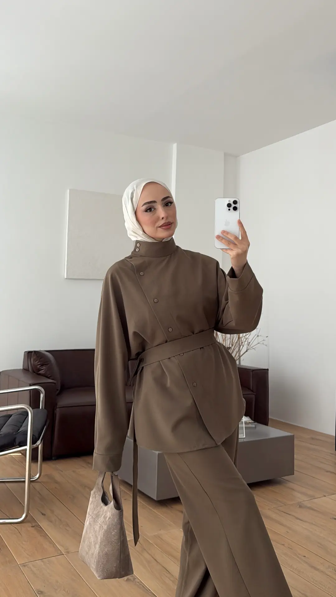 Düğme Detay Kemerli Takım Haki
