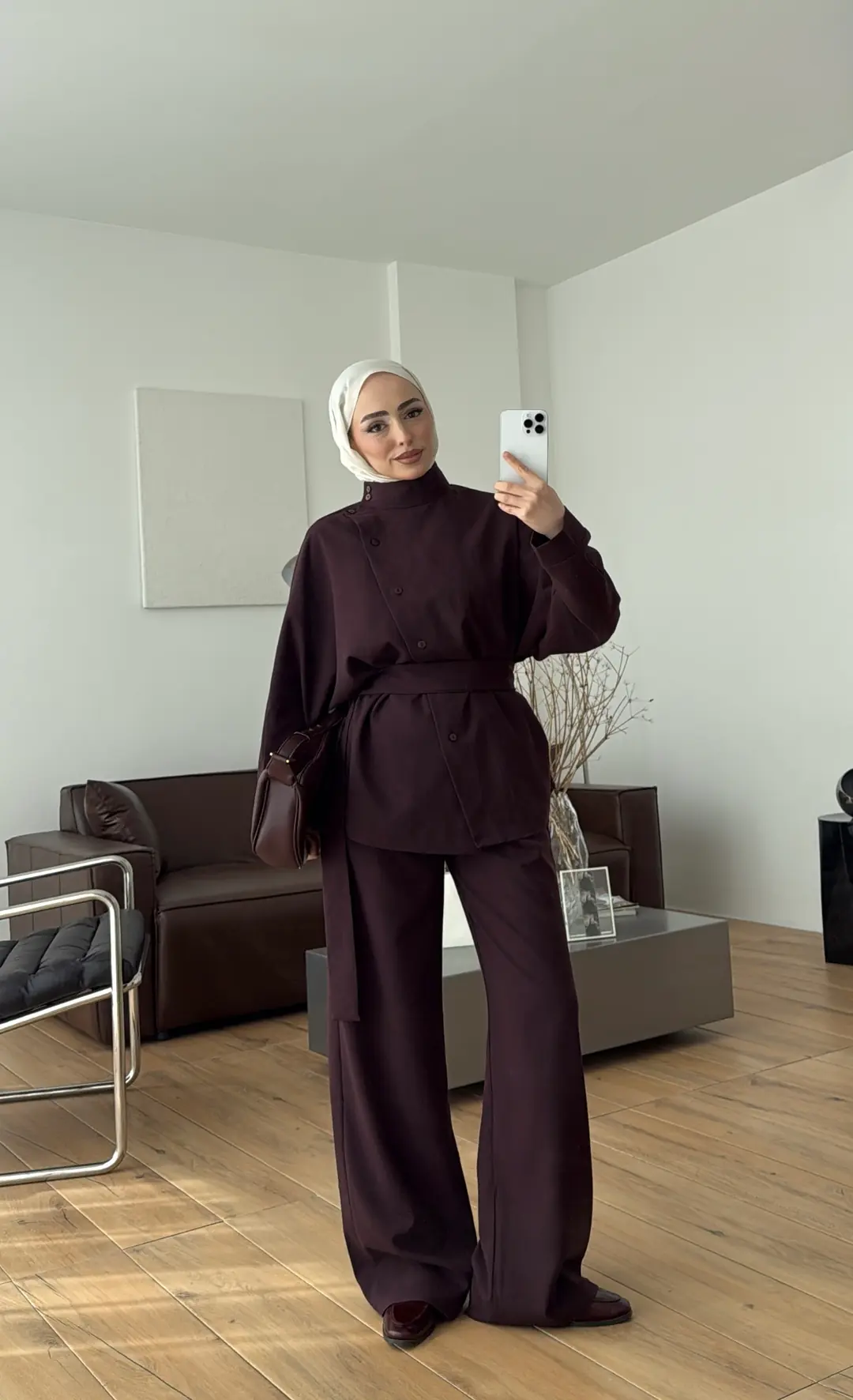 Düğme Detay Kemerli Takım Mürdüm