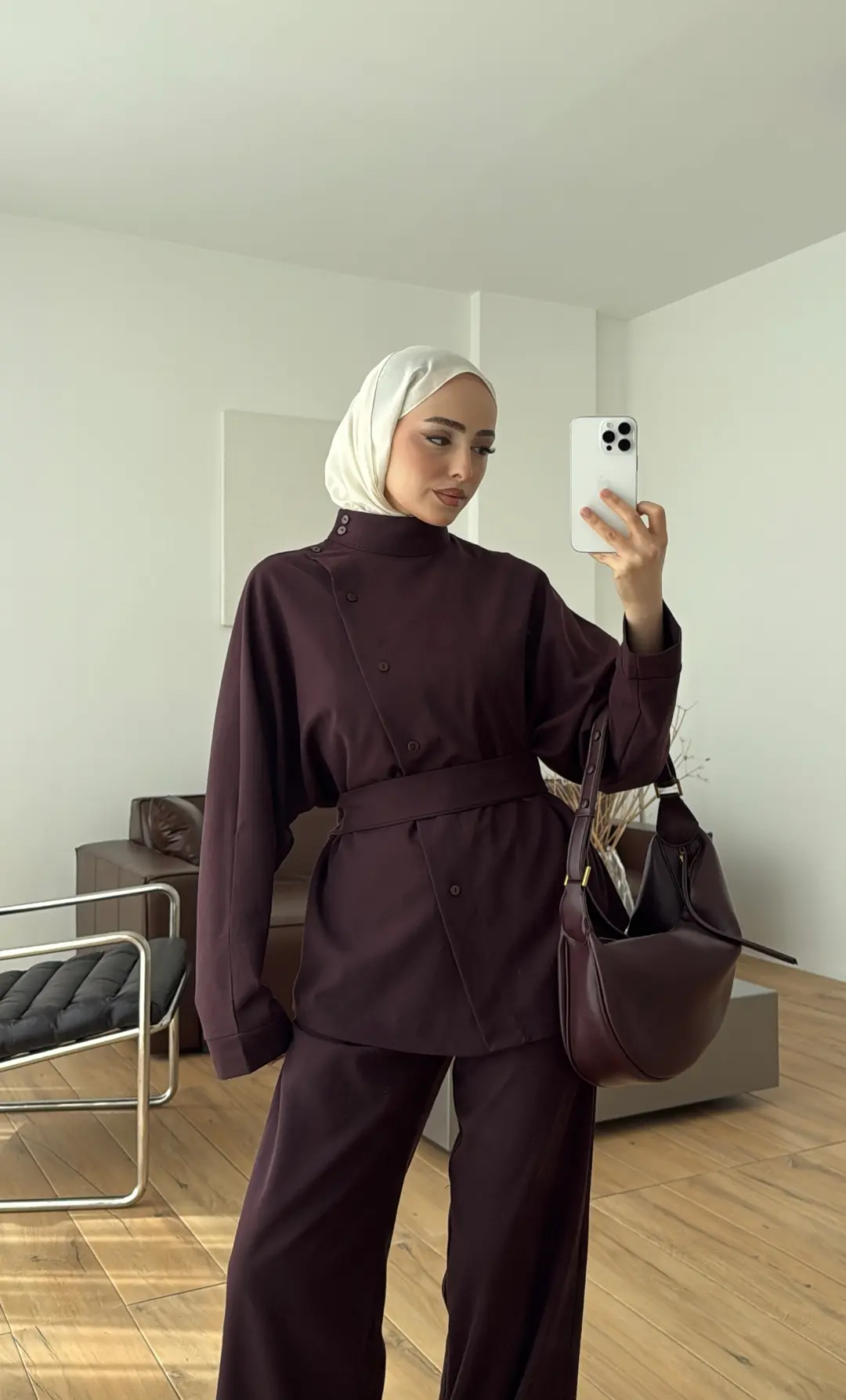Düğme Detay Kemerli Takım Mürdüm