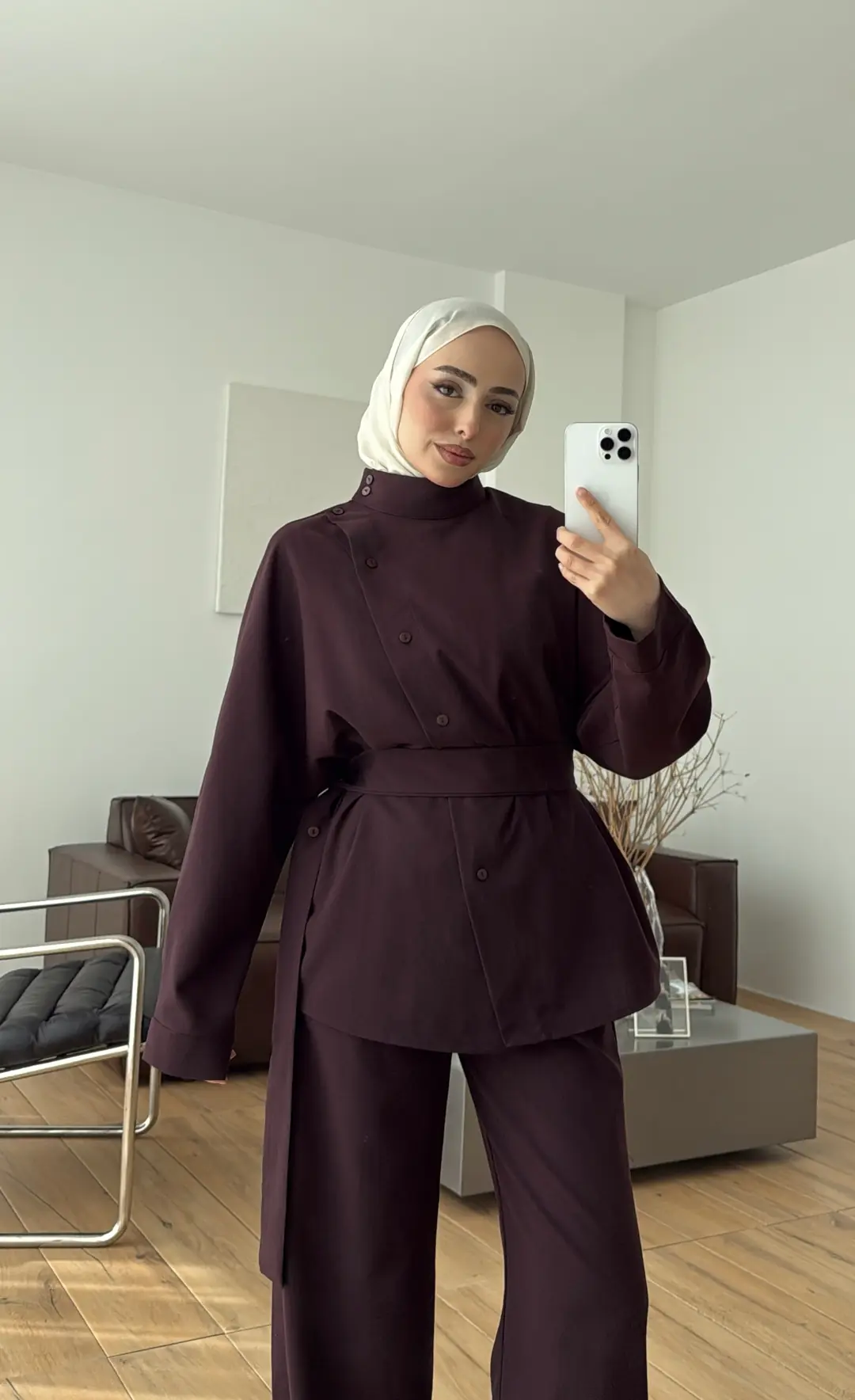 Düğme Detay Kemerli Takım Mürdüm