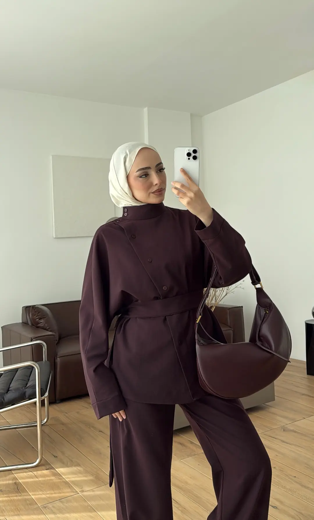 Düğme Detay Kemerli Takım Mürdüm