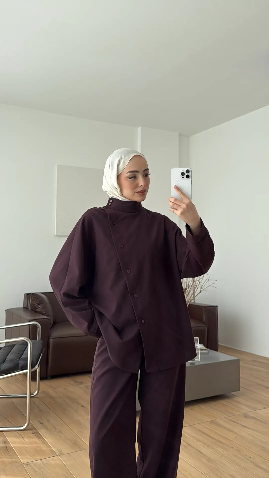 Düğme Detay Kemerli Takım Mürdüm