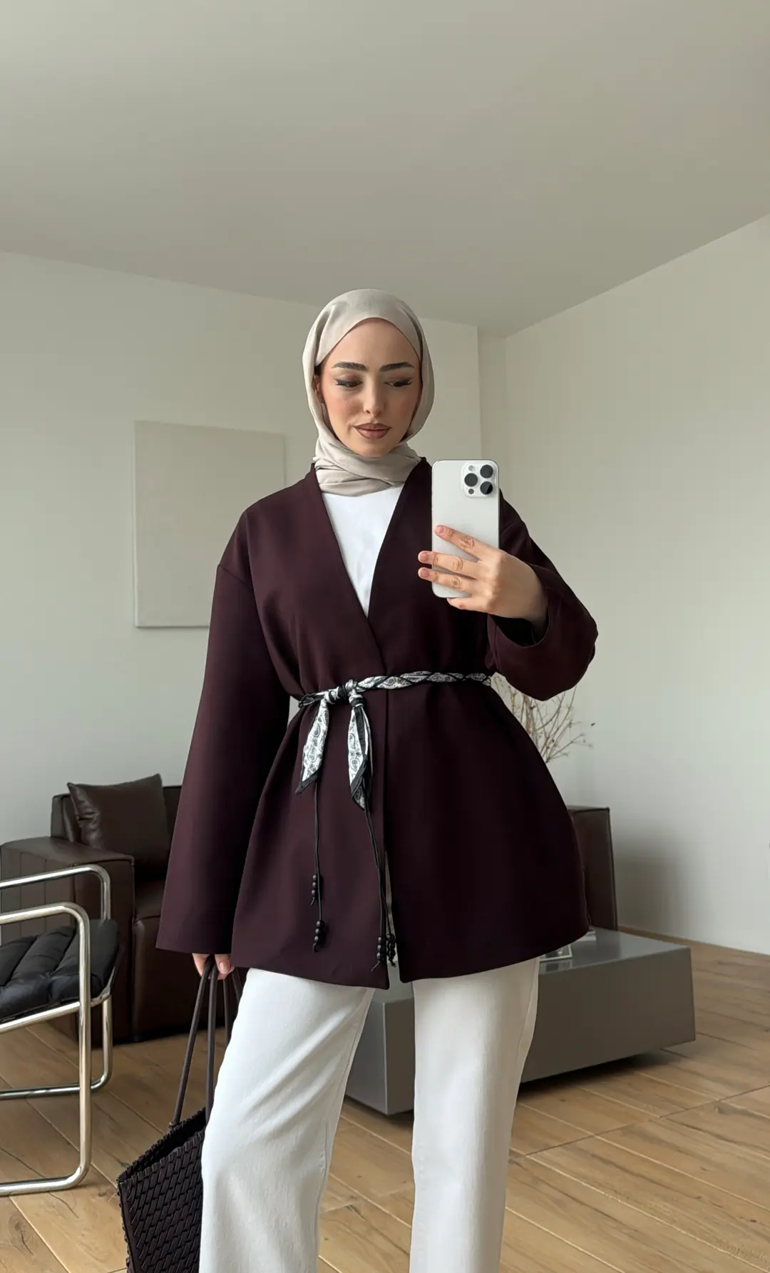 Örgü Kemer Detay Ceket Mürdüm
