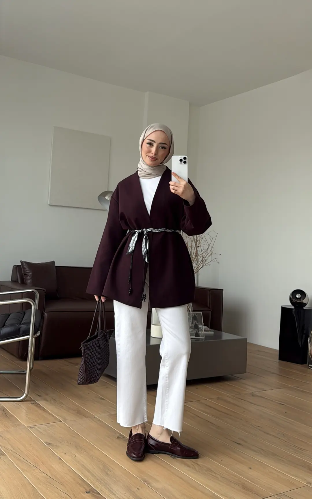 Örgü Kemer Detay Ceket Mürdüm