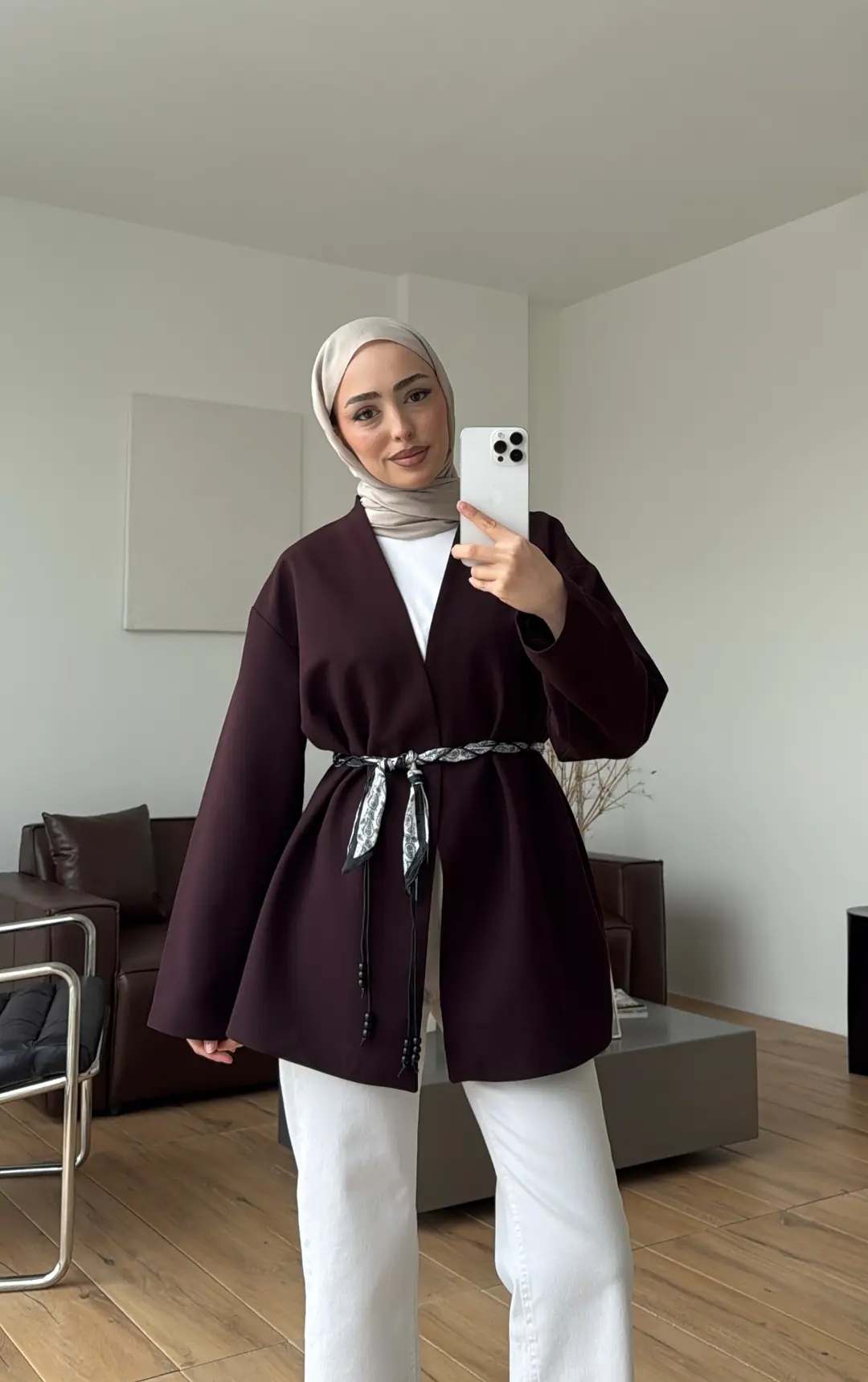 Örgü Kemer Detay Ceket Mürdüm