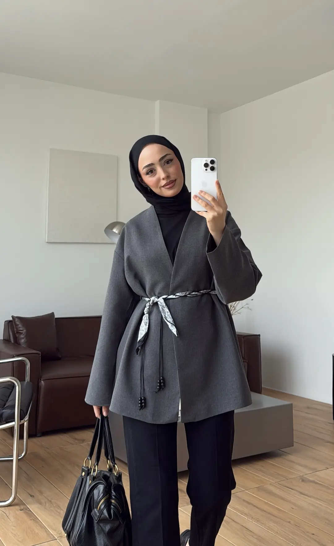 Örgü Kemer Detay Ceket Koyu Gri