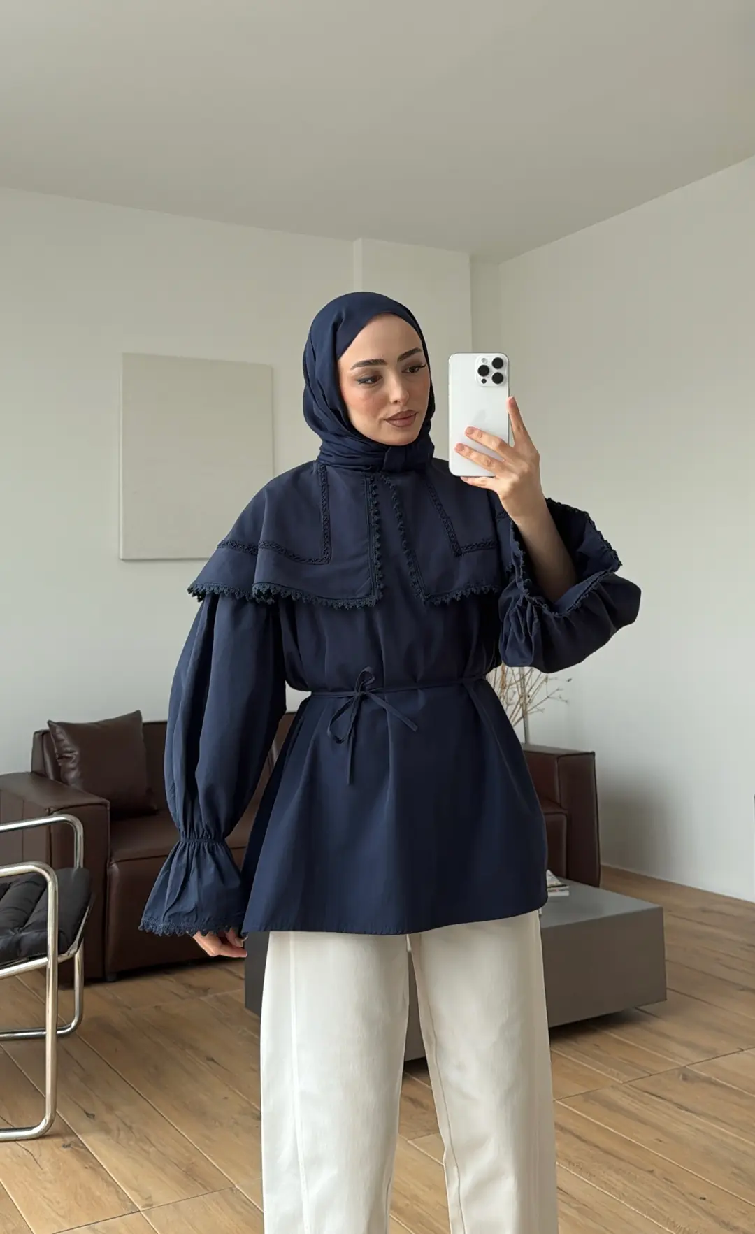 Bebe Yaka Dantel Geçişli Gömlek Lacivert