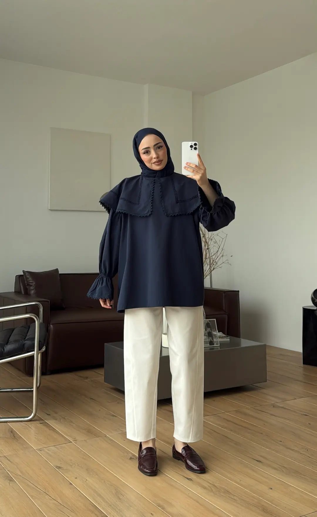 Bebe Yaka Dantel Geçişli Gömlek Lacivert