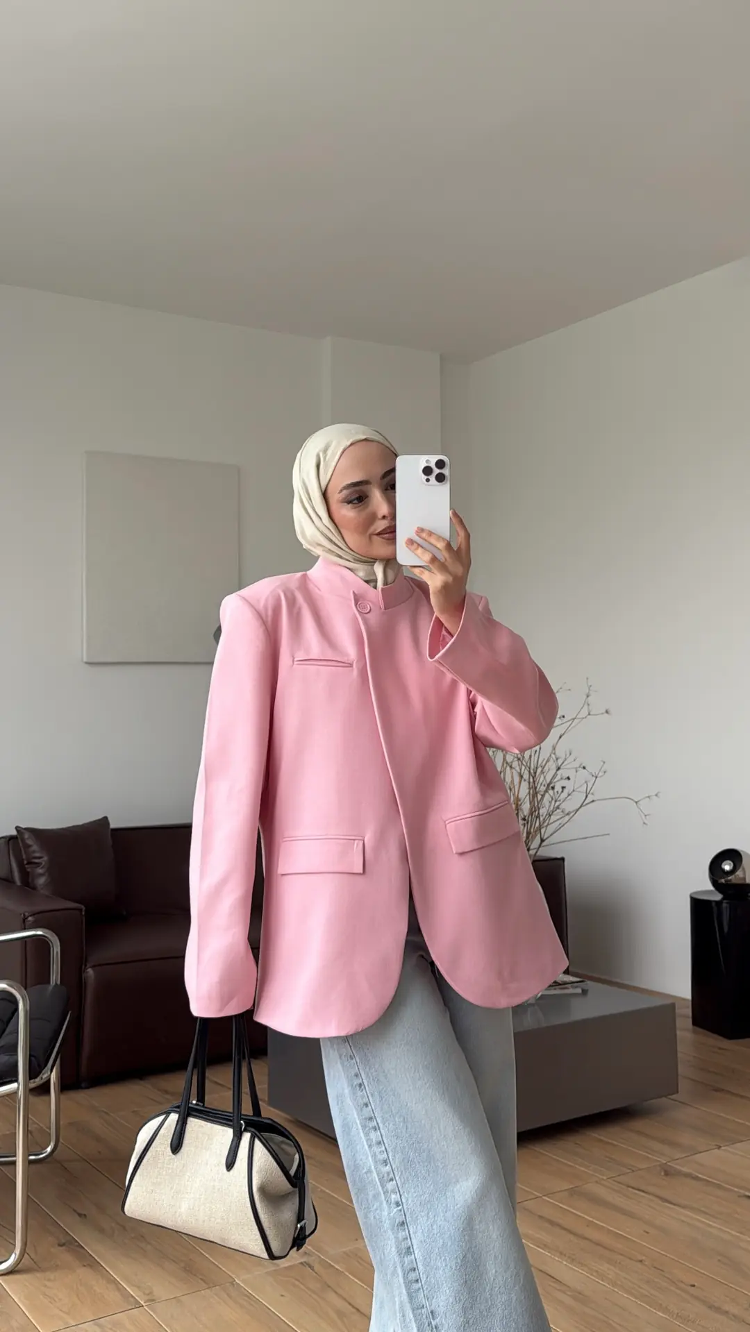 Yakası Düğmeli Dik Yaka Ceket Pembe
