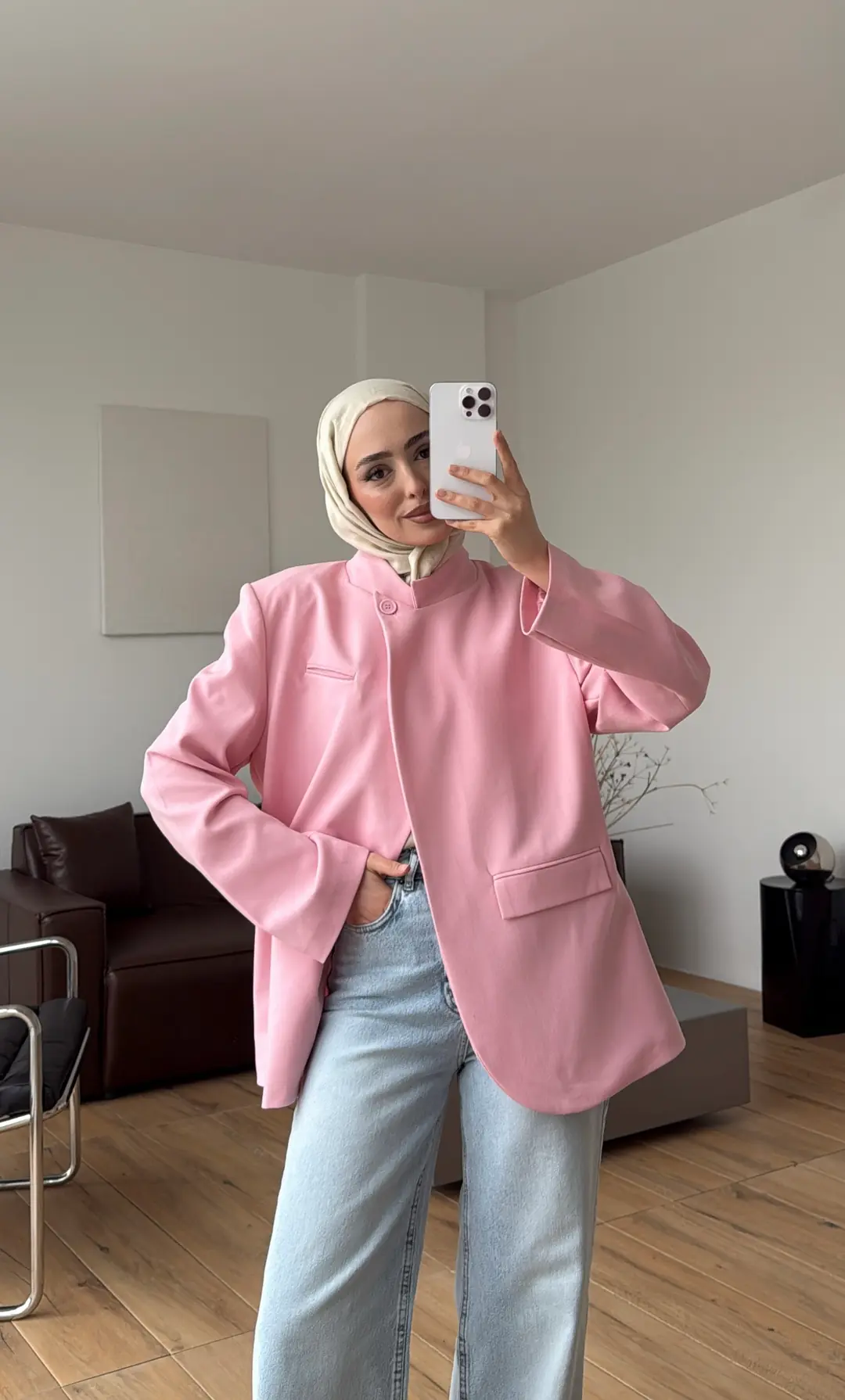 Yakası Düğmeli Dik Yaka Ceket Pembe