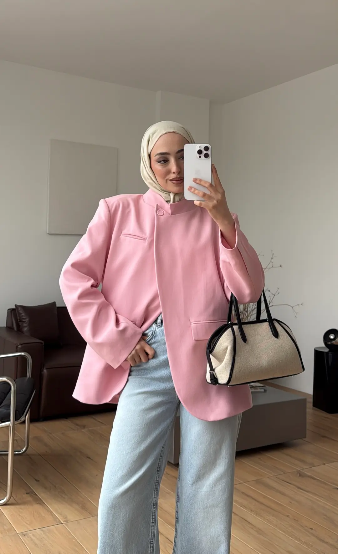 Yakası Düğmeli Dik Yaka Ceket Pembe
