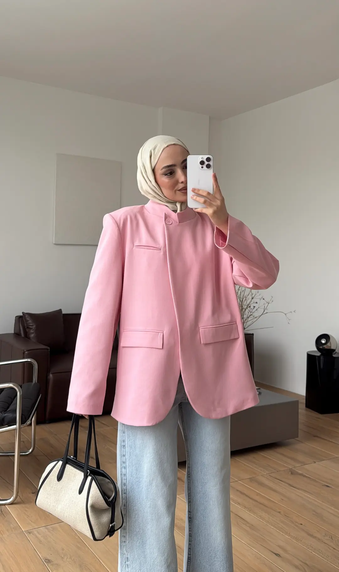 Yakası Düğmeli Dik Yaka Ceket Pembe