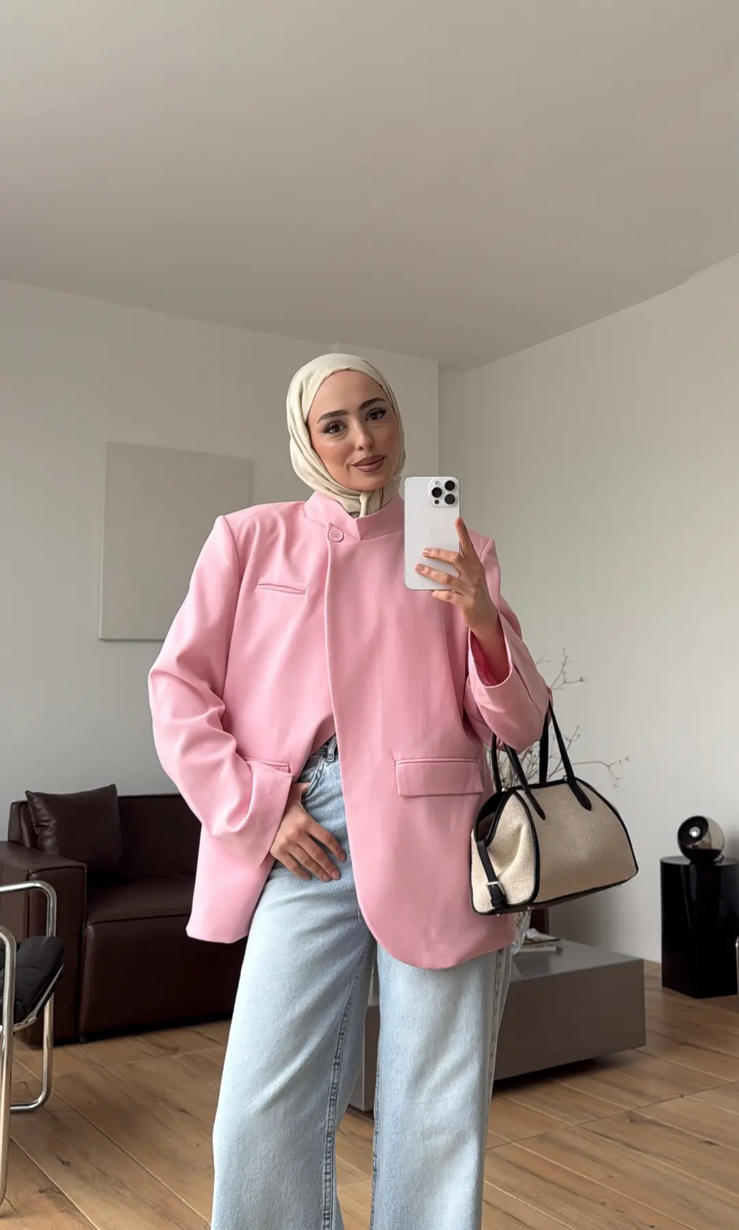 Yakası Düğmeli Dik Yaka Ceket Pembe