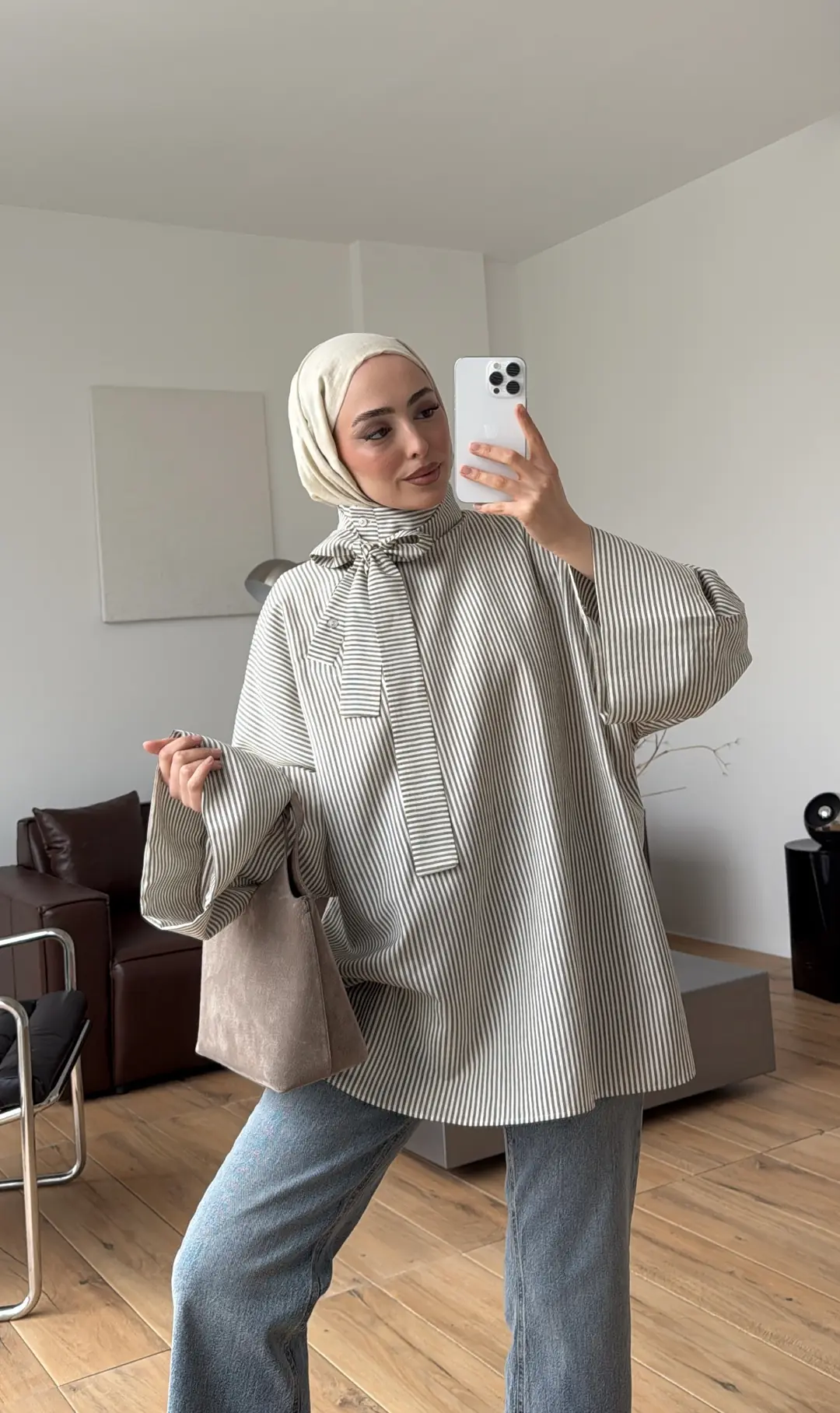 Yakası Düğmeli Çizgili Tunik Haki