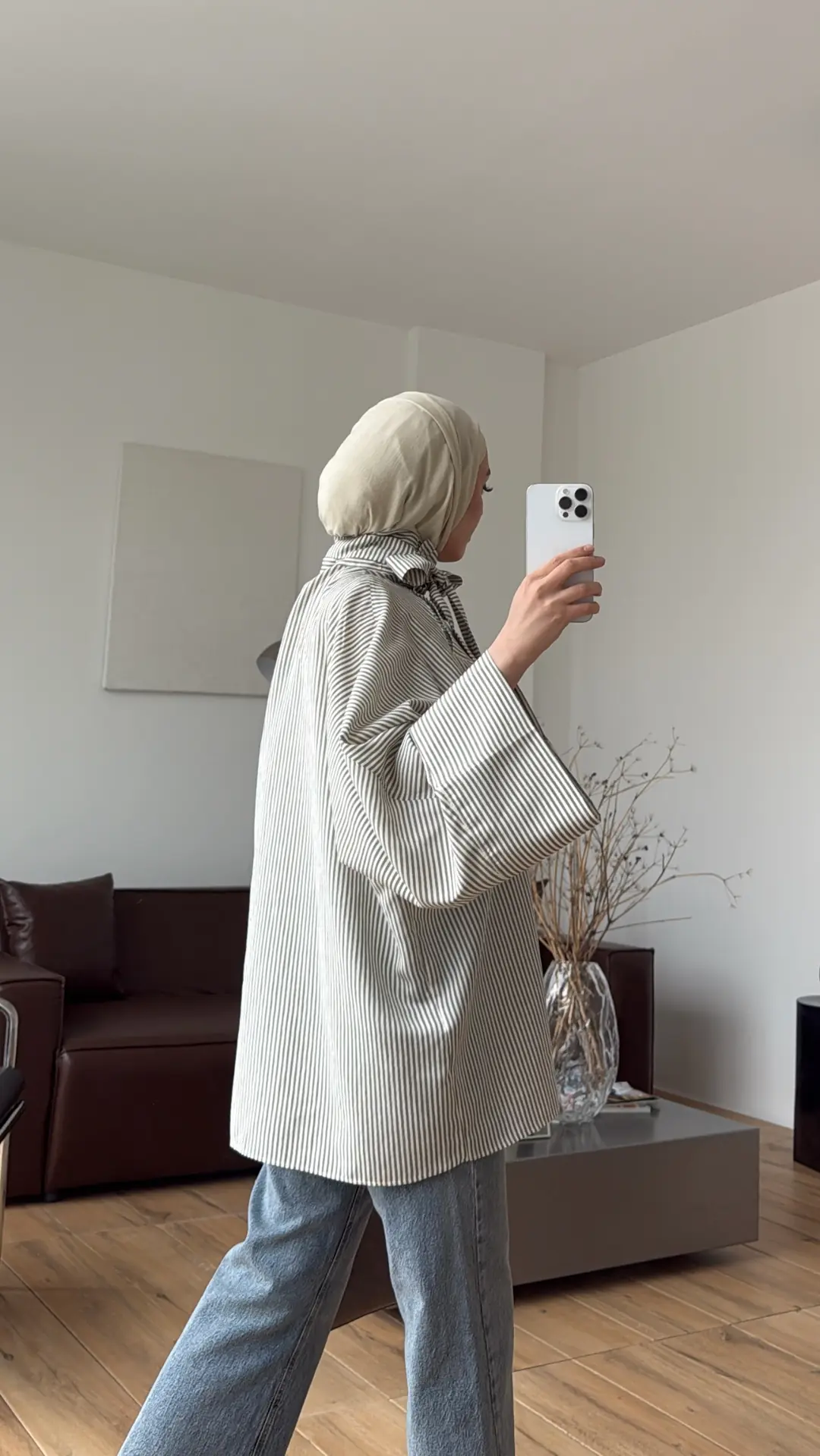 Yakası Düğmeli Çizgili Tunik Haki