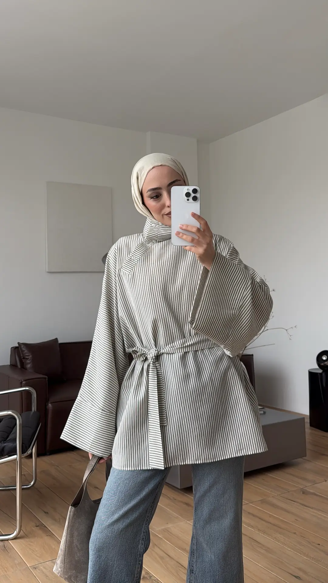 Yakası Düğmeli Çizgili Tunik Haki
