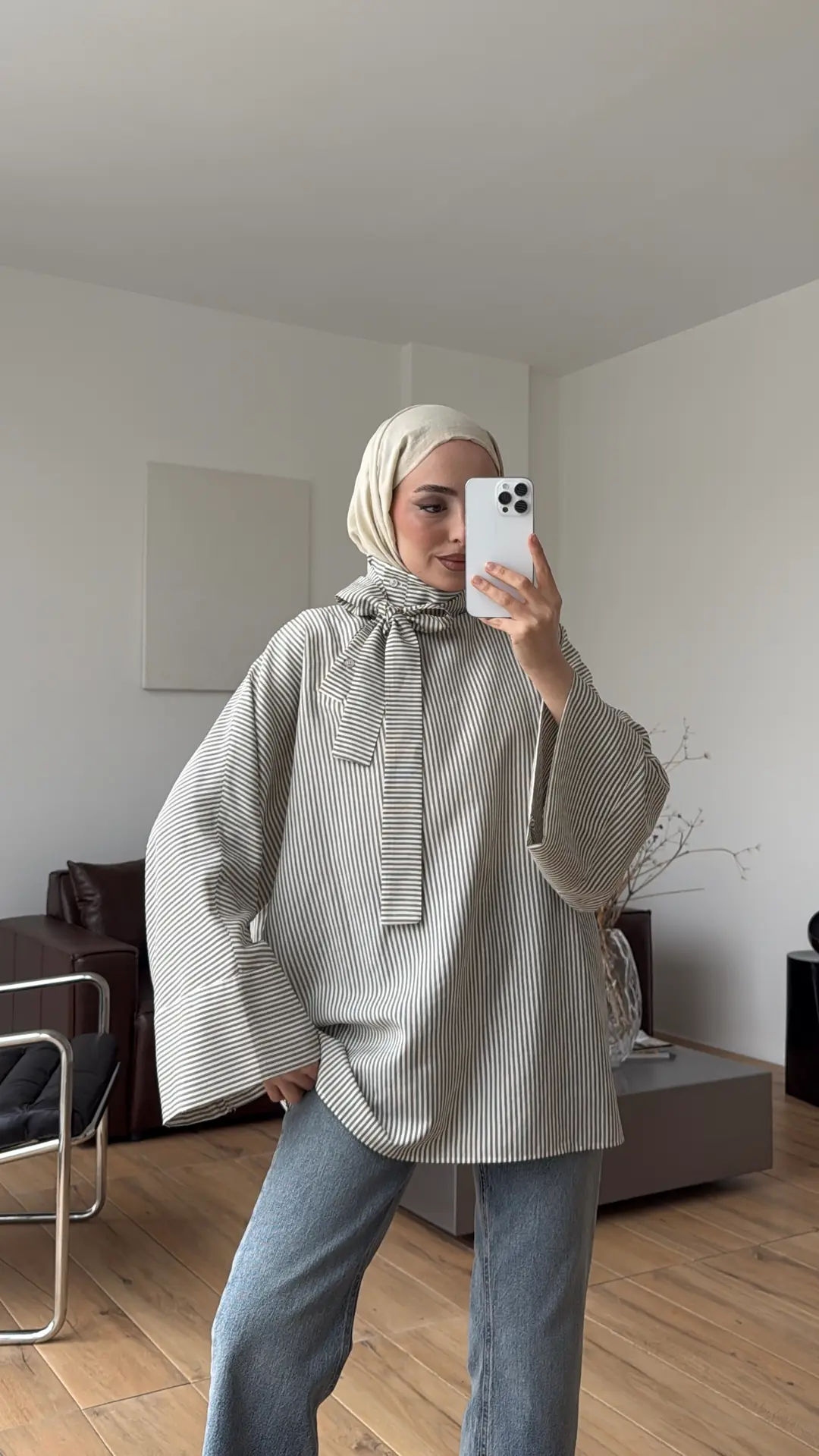 Yakası Düğmeli Çizgili Tunik Haki