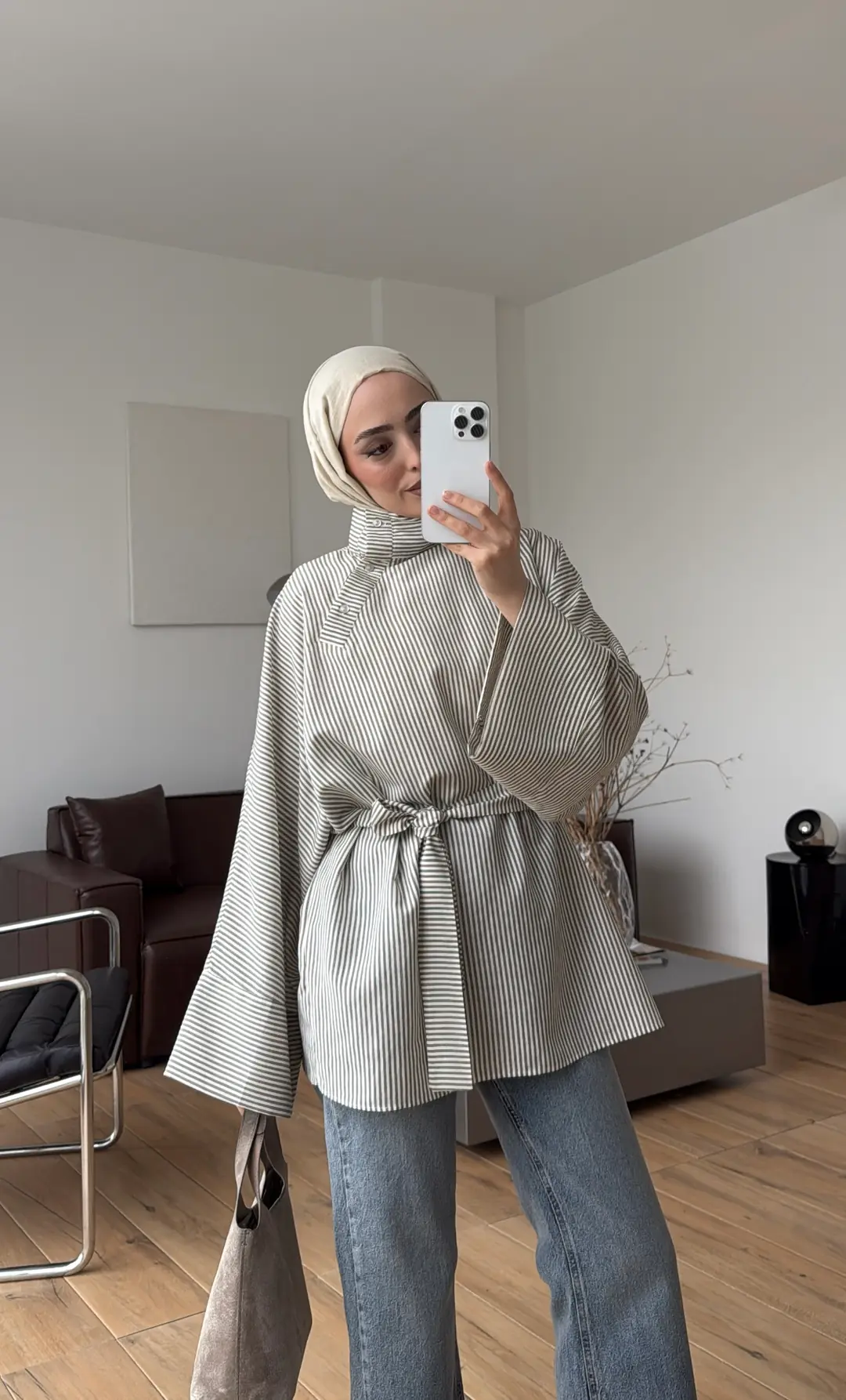 Yakası Düğmeli Çizgili Tunik Haki