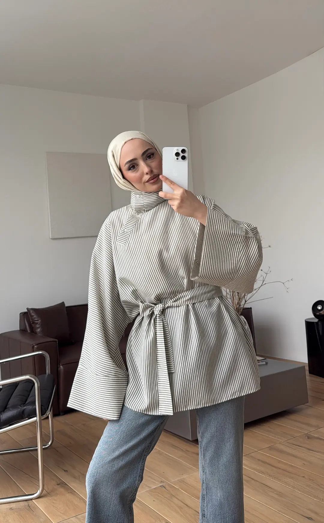 Yakası Düğmeli Çizgili Tunik Haki