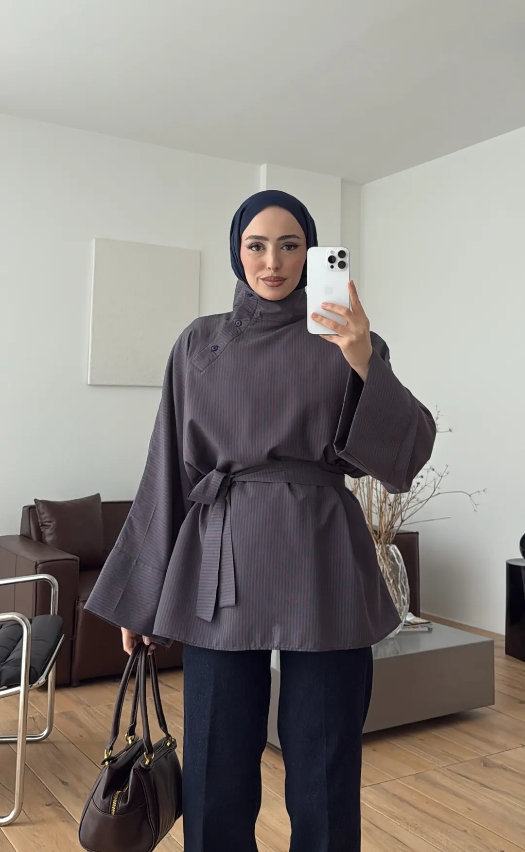 Yakası Düğmeli Çizgili Tunik Lacivert