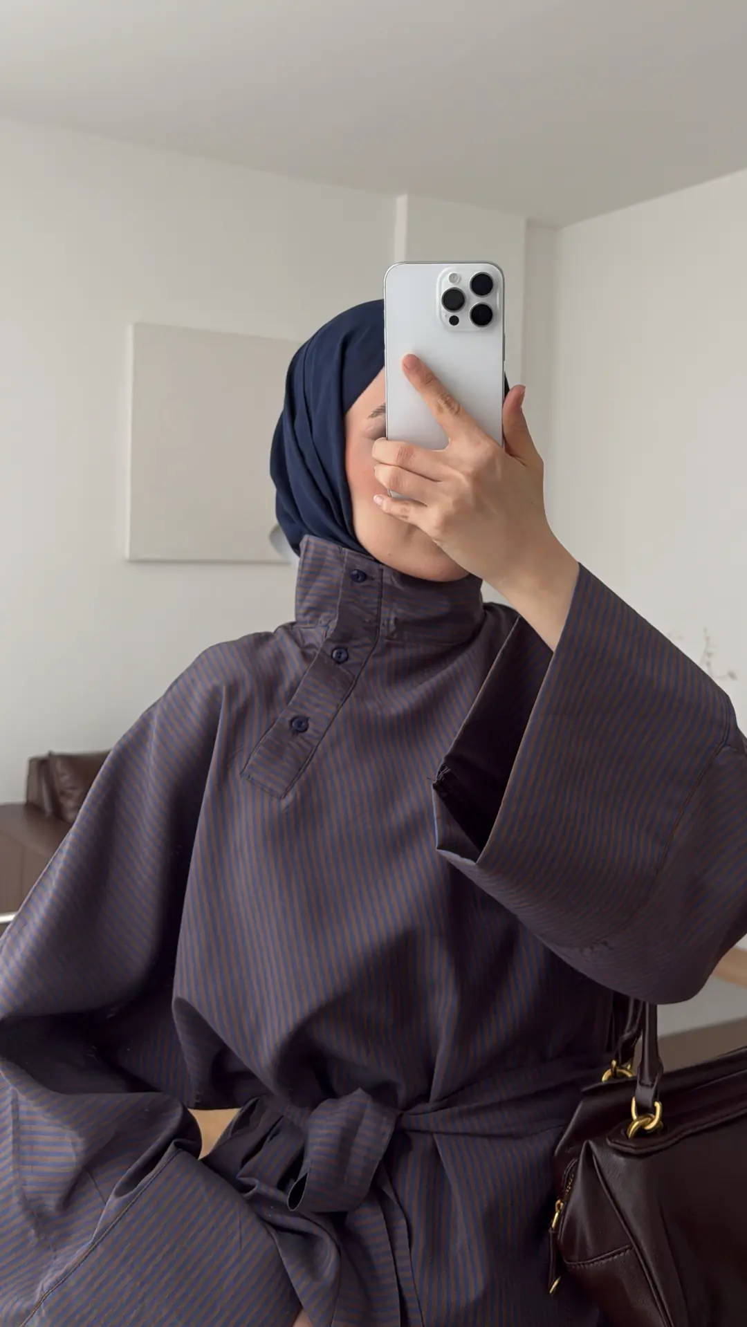 Yakası Düğmeli Çizgili Tunik Lacivert