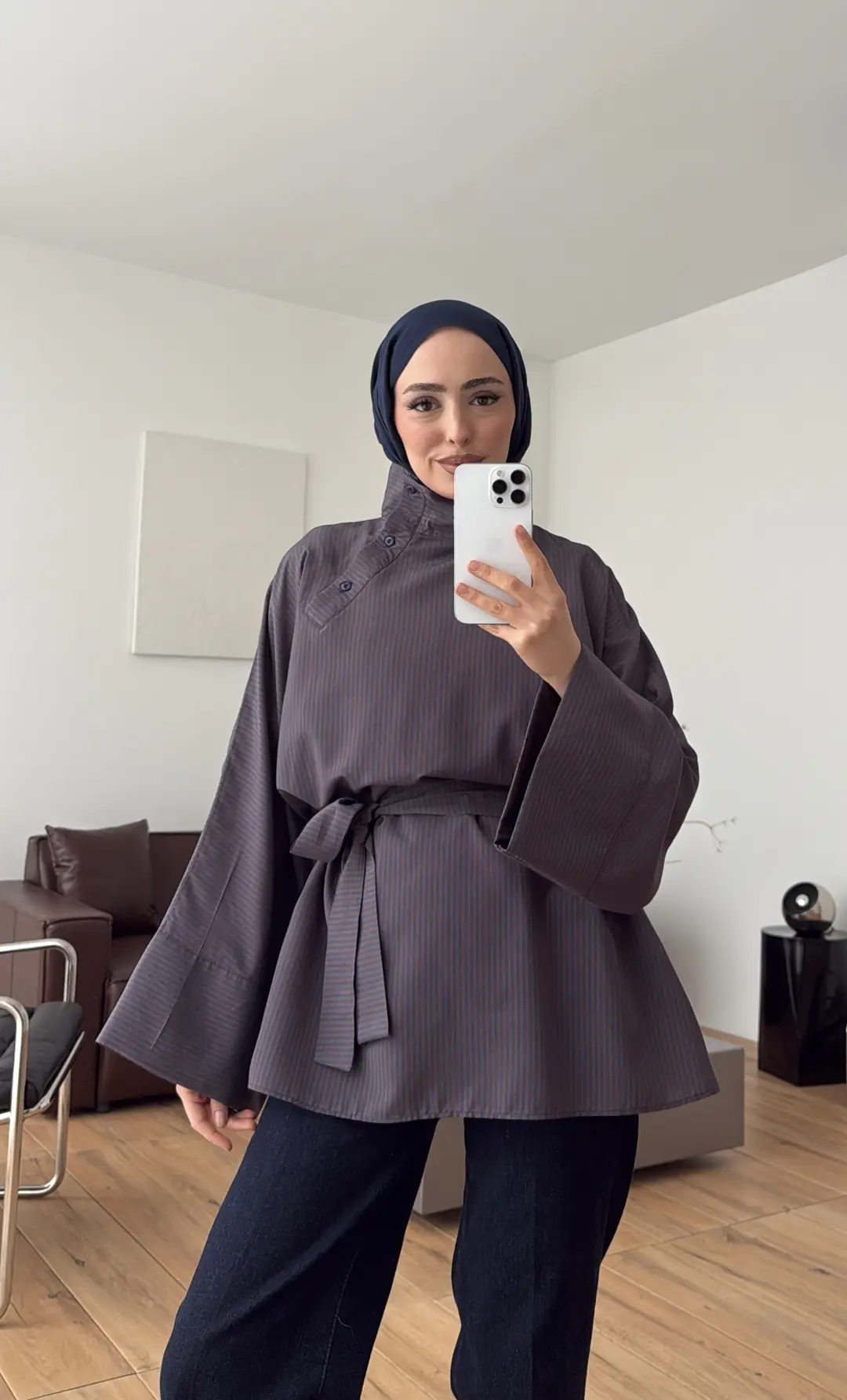 Yakası Düğmeli Çizgili Tunik Lacivert