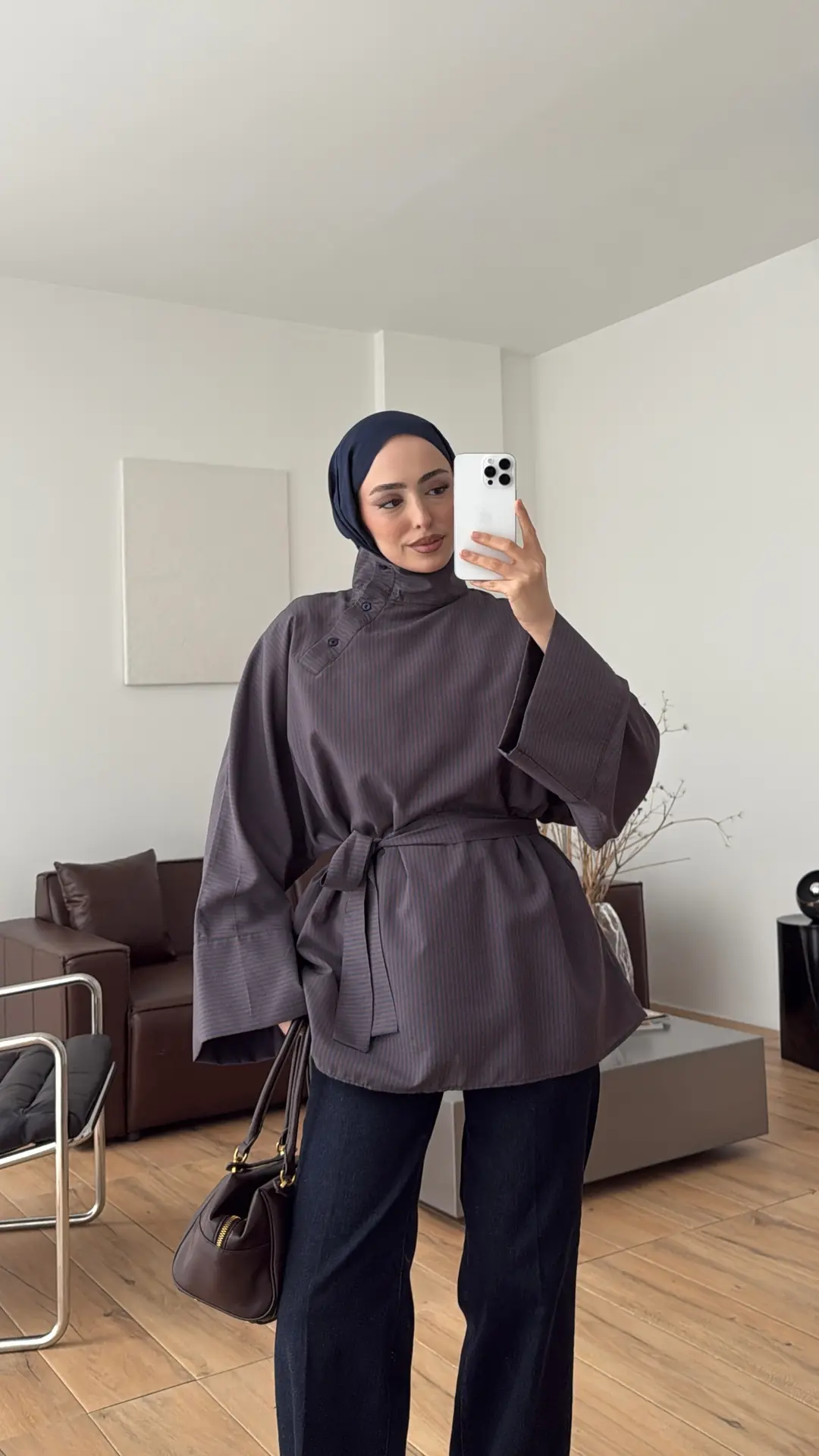 Yakası Düğmeli Çizgili Tunik Lacivert