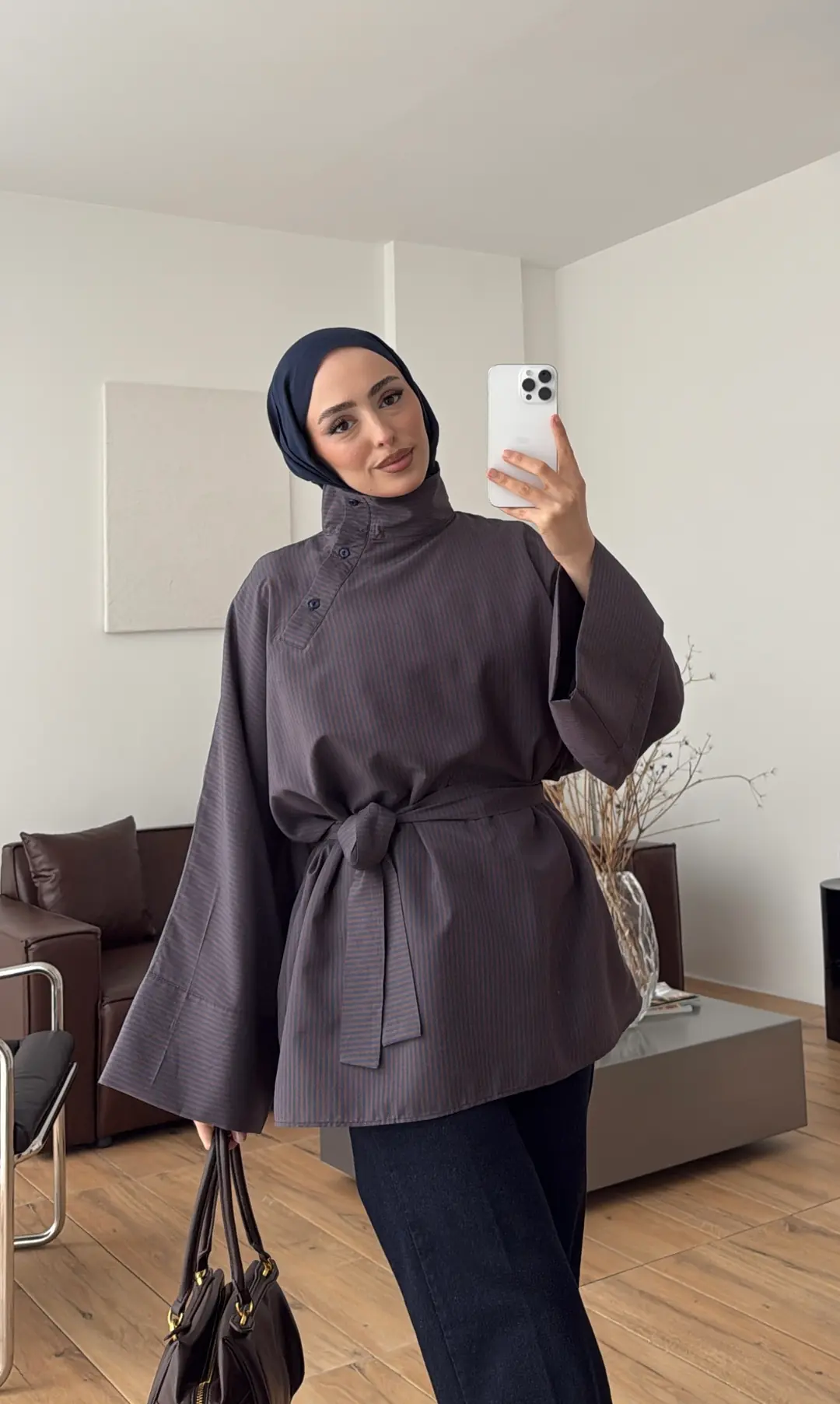 Yakası Düğmeli Çizgili Tunik Lacivert