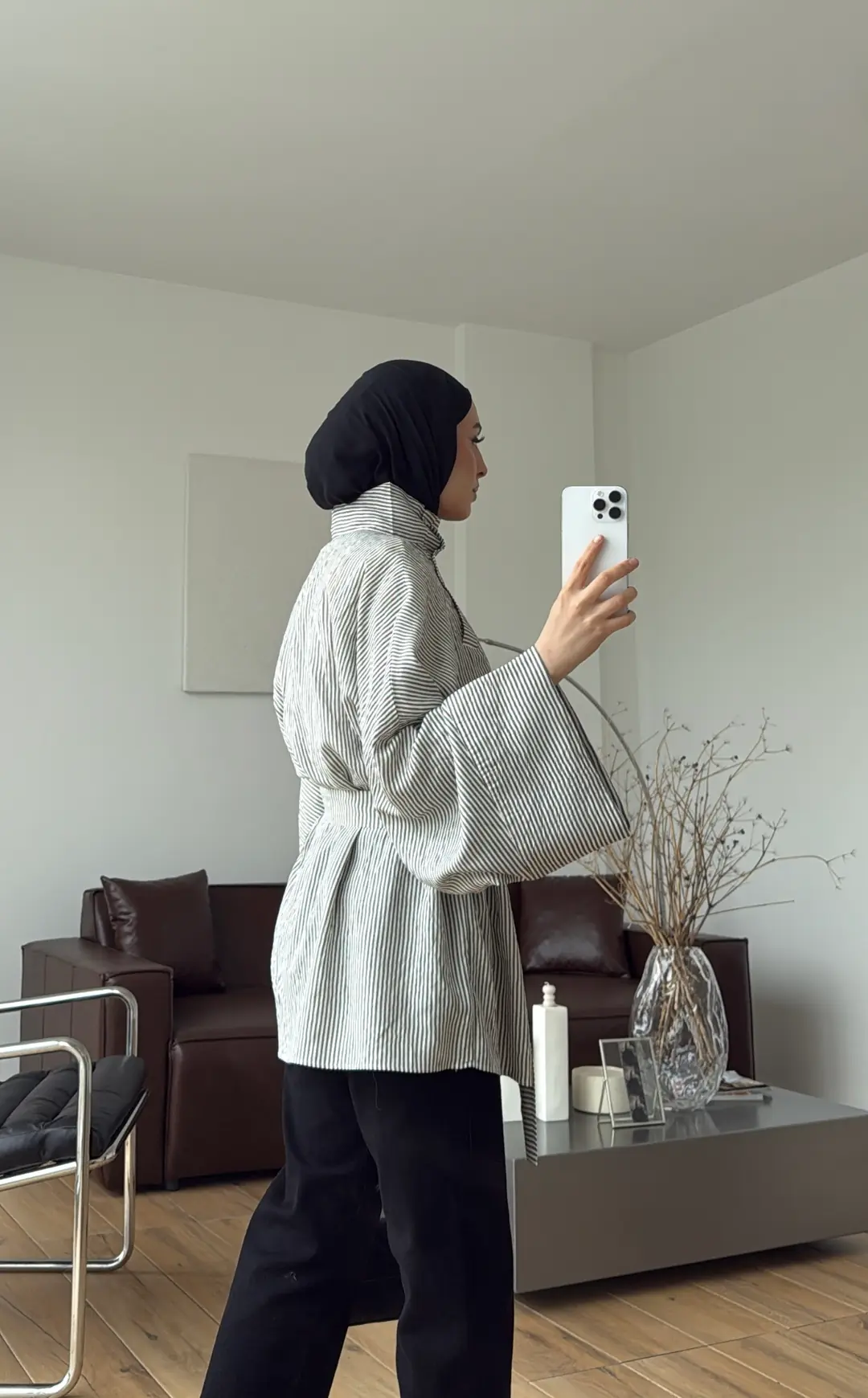 Yakası Düğmeli Çizgili Tunik Siyah
