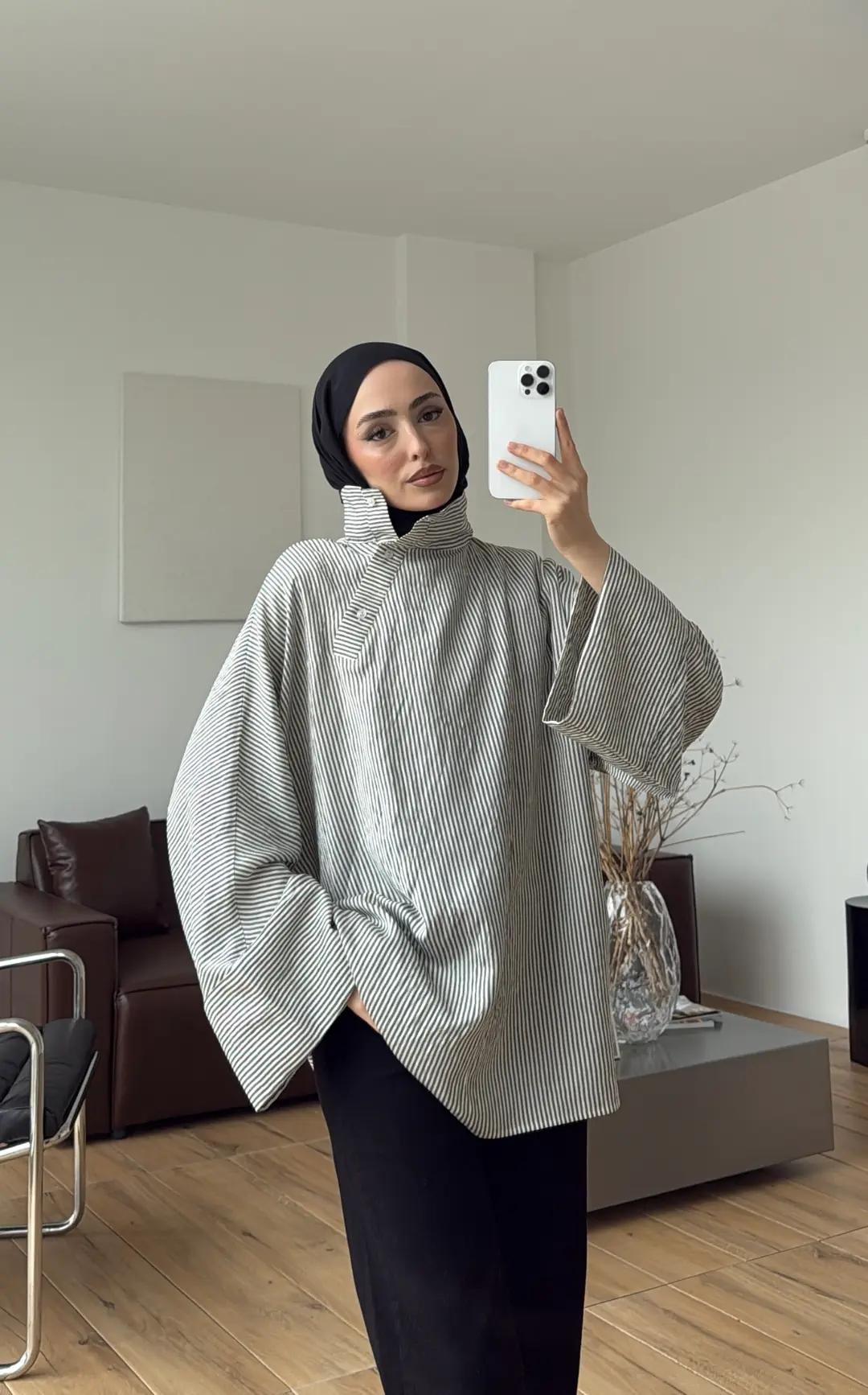 Yakası Düğmeli Çizgili Tunik Siyah