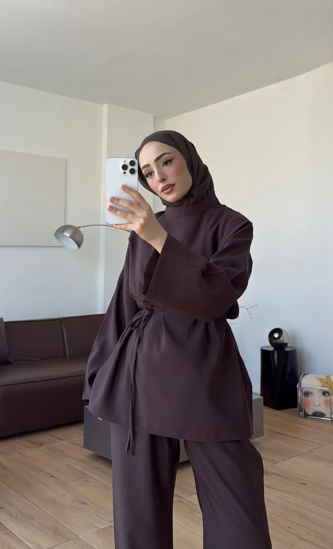 Şal Detay Pantolon Takım Kahve