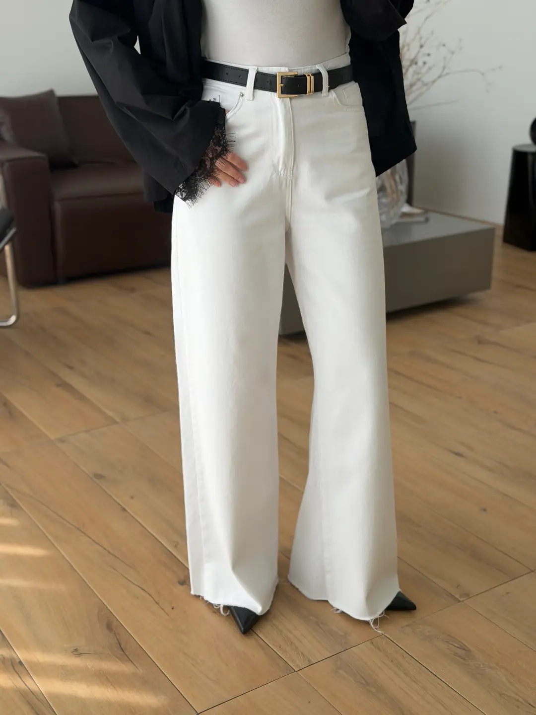 Kemerli Wide Leg Beyaz Jean