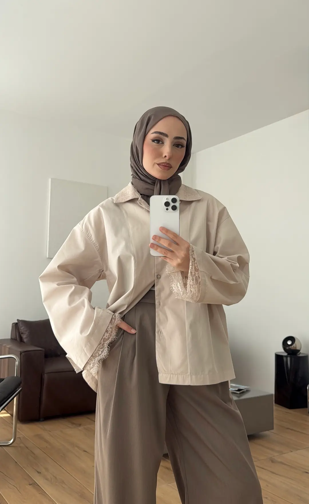Dantelli Boxfit Gömlek Bej