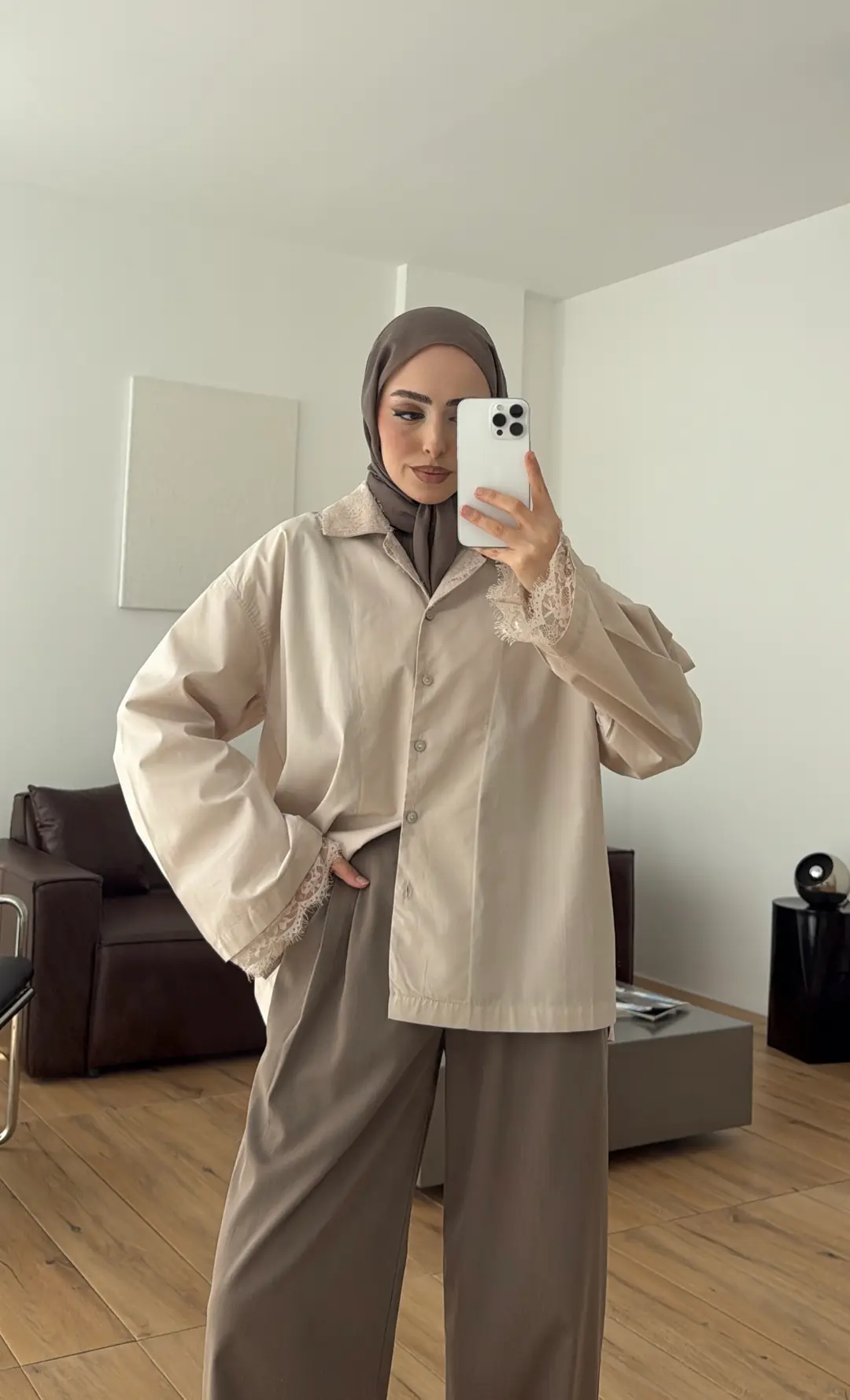 Dantelli Boxfit Gömlek Bej