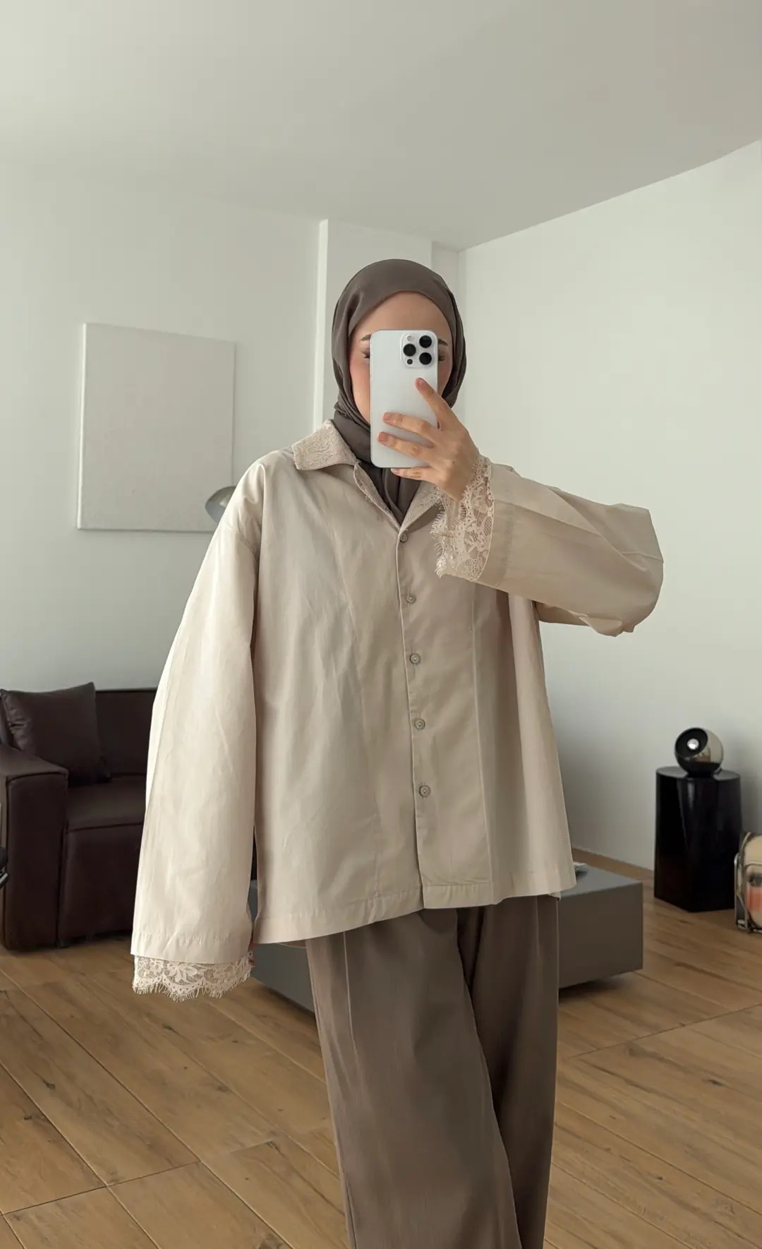 Dantelli Boxfit Gömlek Bej