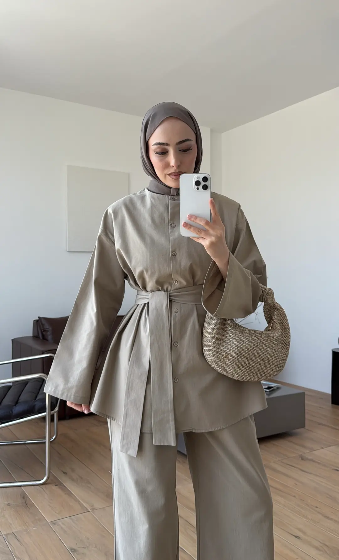 Kemerli Pantolon Takım Vizon