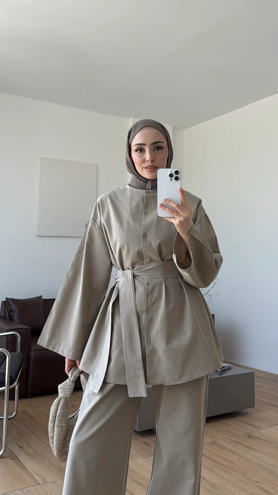 Kemerli Pantolon Takım Vizon