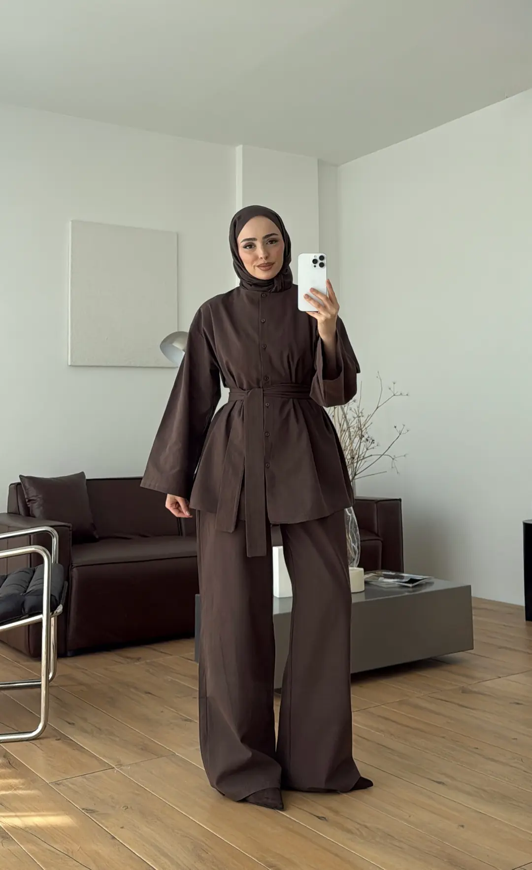 Kemerli Pantolon Takım Kahve
