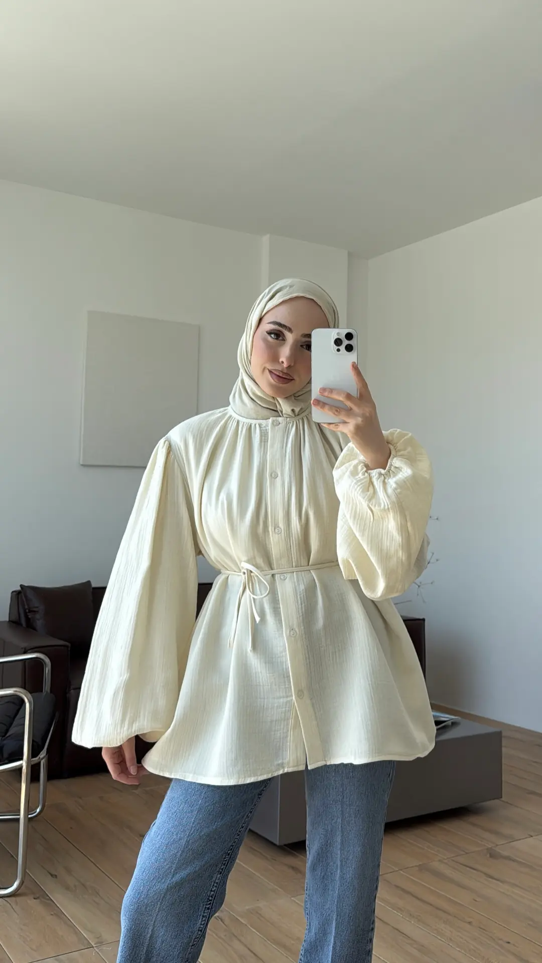 Kolları Lastikli Müslin Gömlek Krem