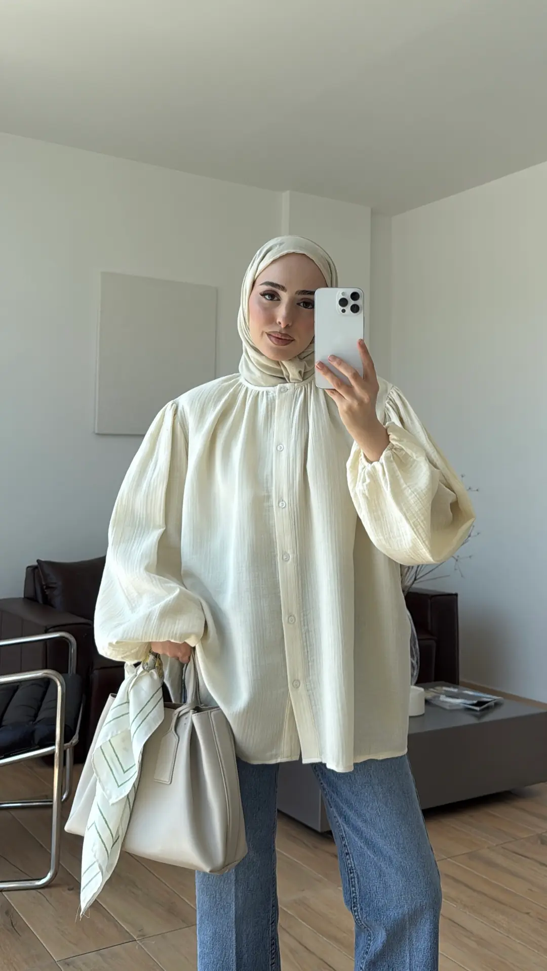 Kolları Lastikli Müslin Gömlek Krem