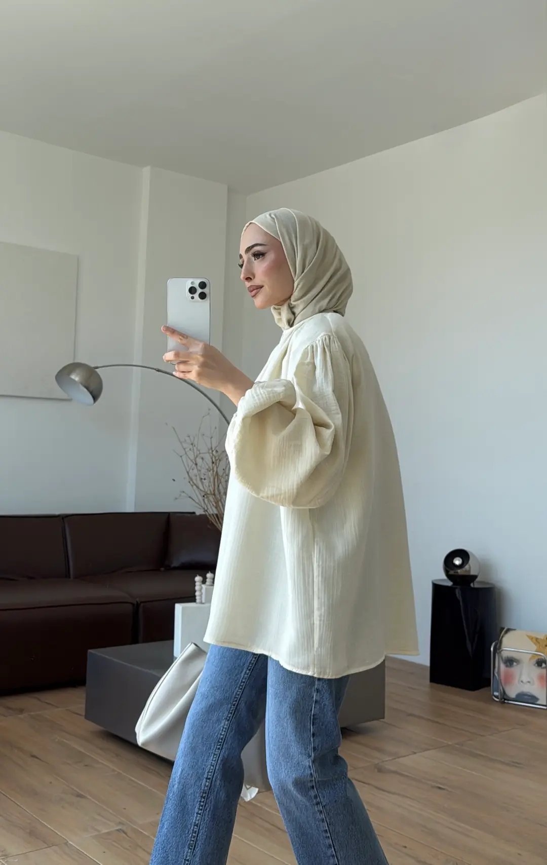Kolları Lastikli Müslin Gömlek Krem