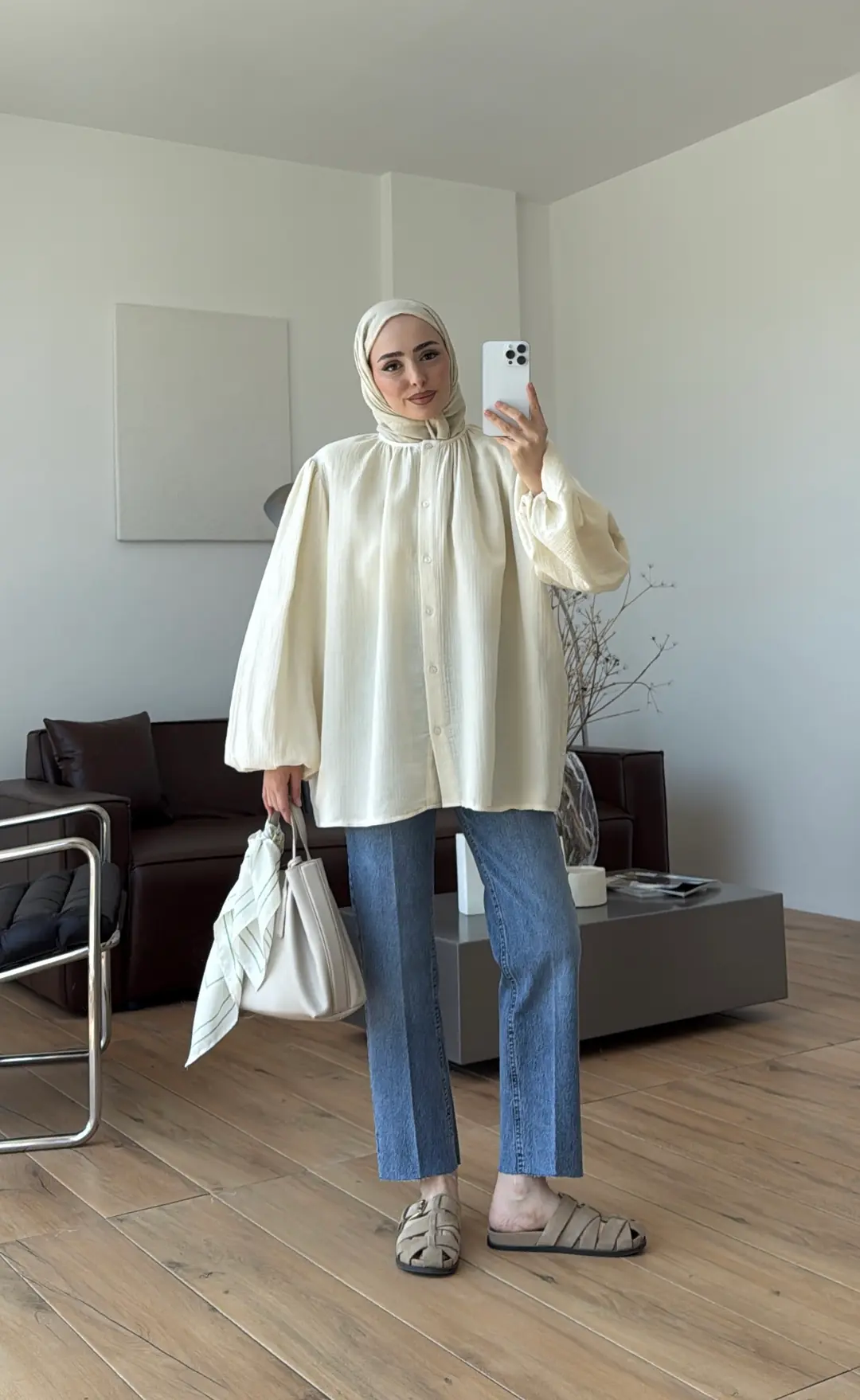 Kolları Lastikli Müslin Gömlek Krem