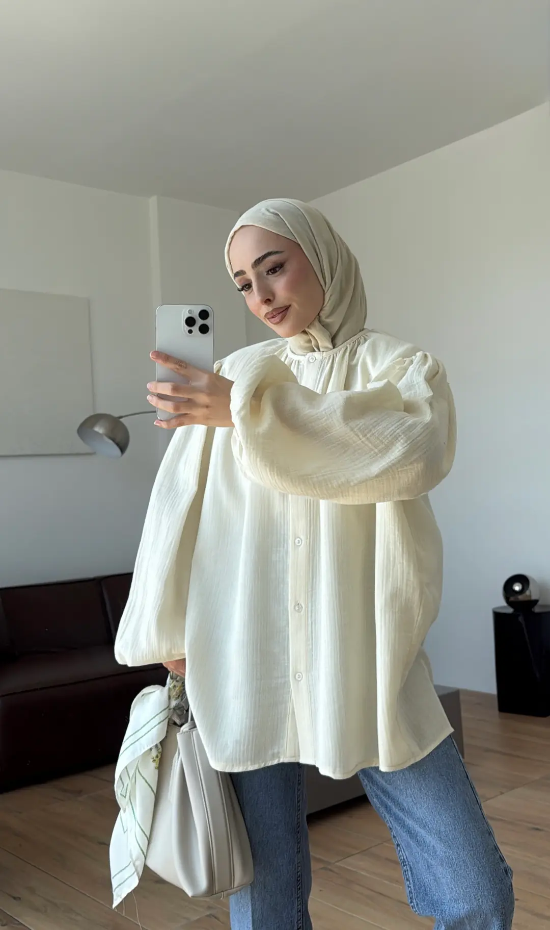 Kolları Lastikli Müslin Gömlek Krem