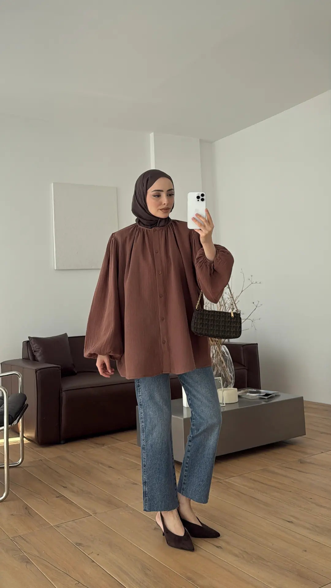 Kolları Lastikli Müslin Gömlek Ç.Kahve