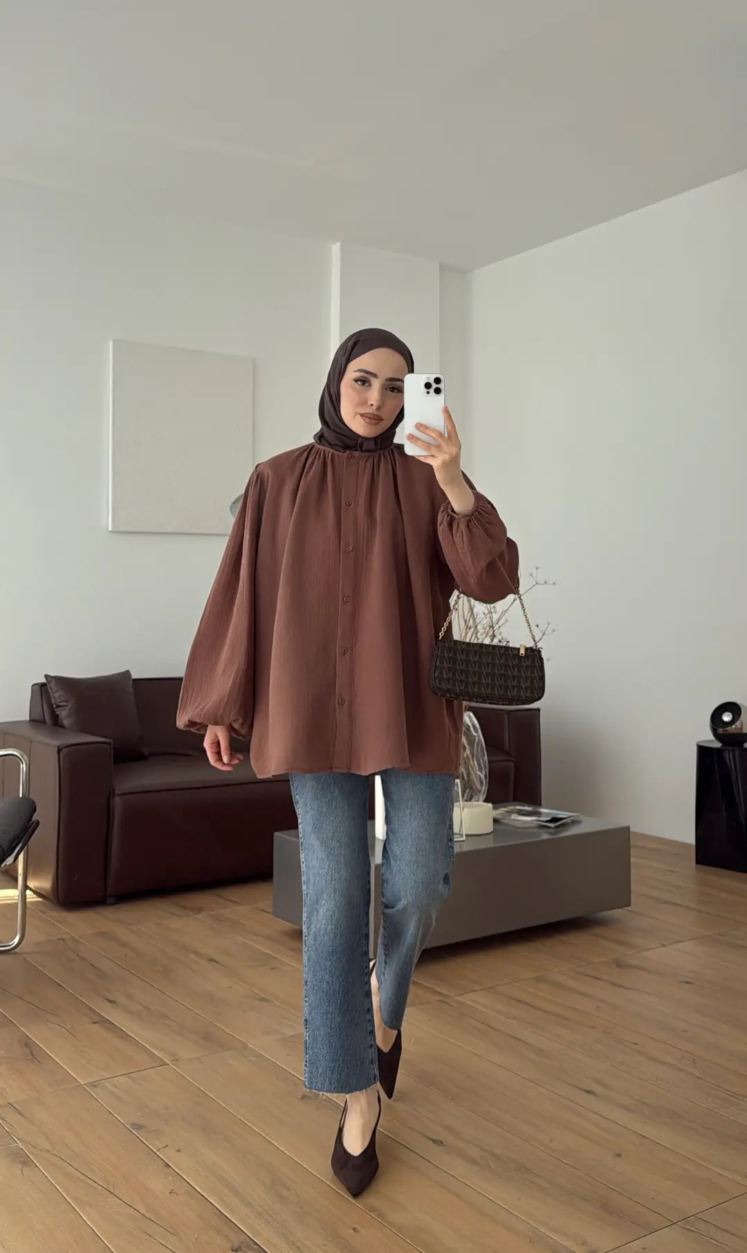 Kolları Lastikli Müslin Gömlek Ç.Kahve