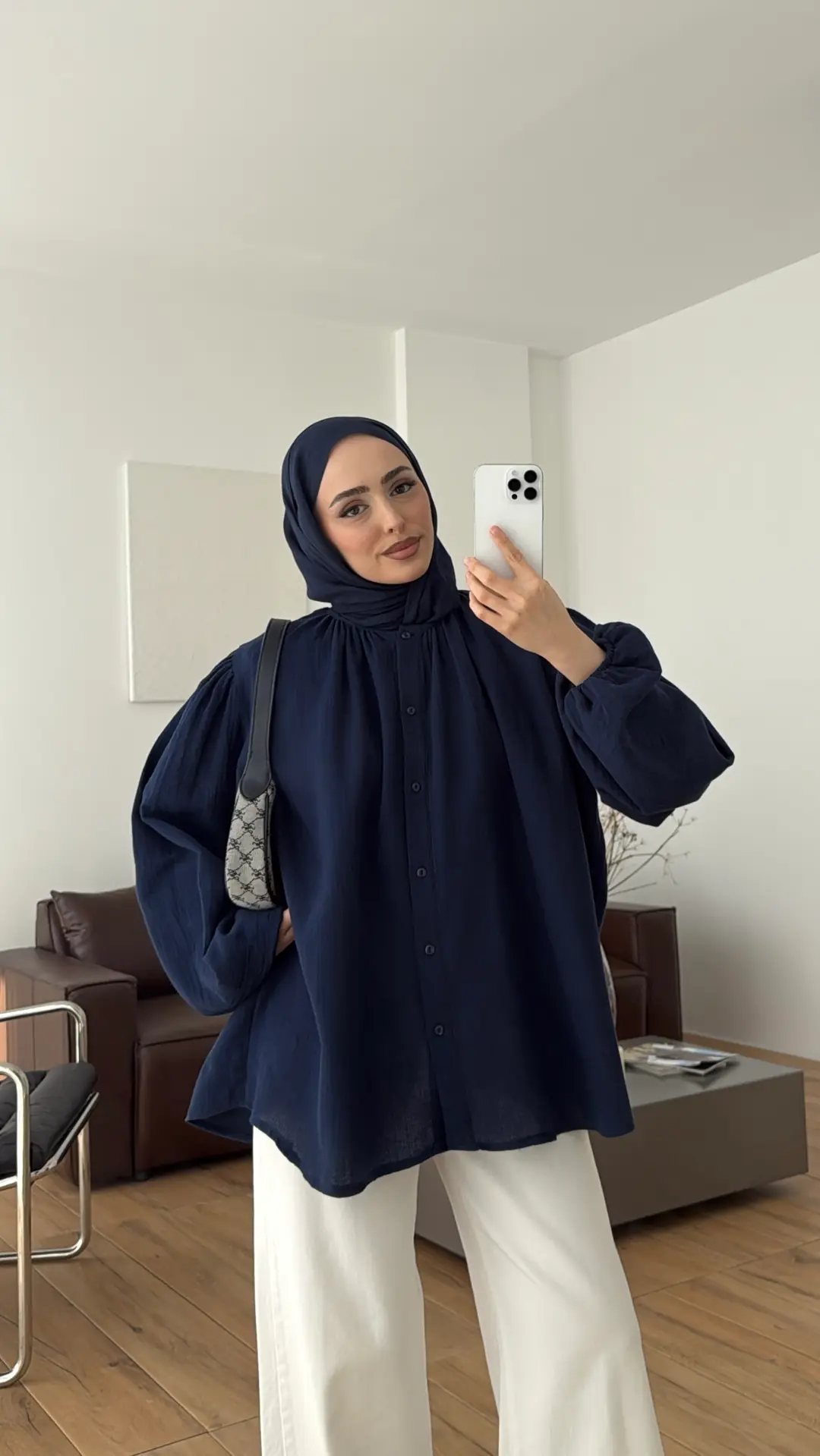 Kolları Lastikli Müslin Gömlek Lacivert